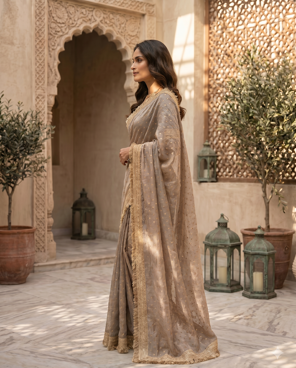 Elegant Dusty Pink Designer Saree with Golden Lace Border - output 2 - 03 side