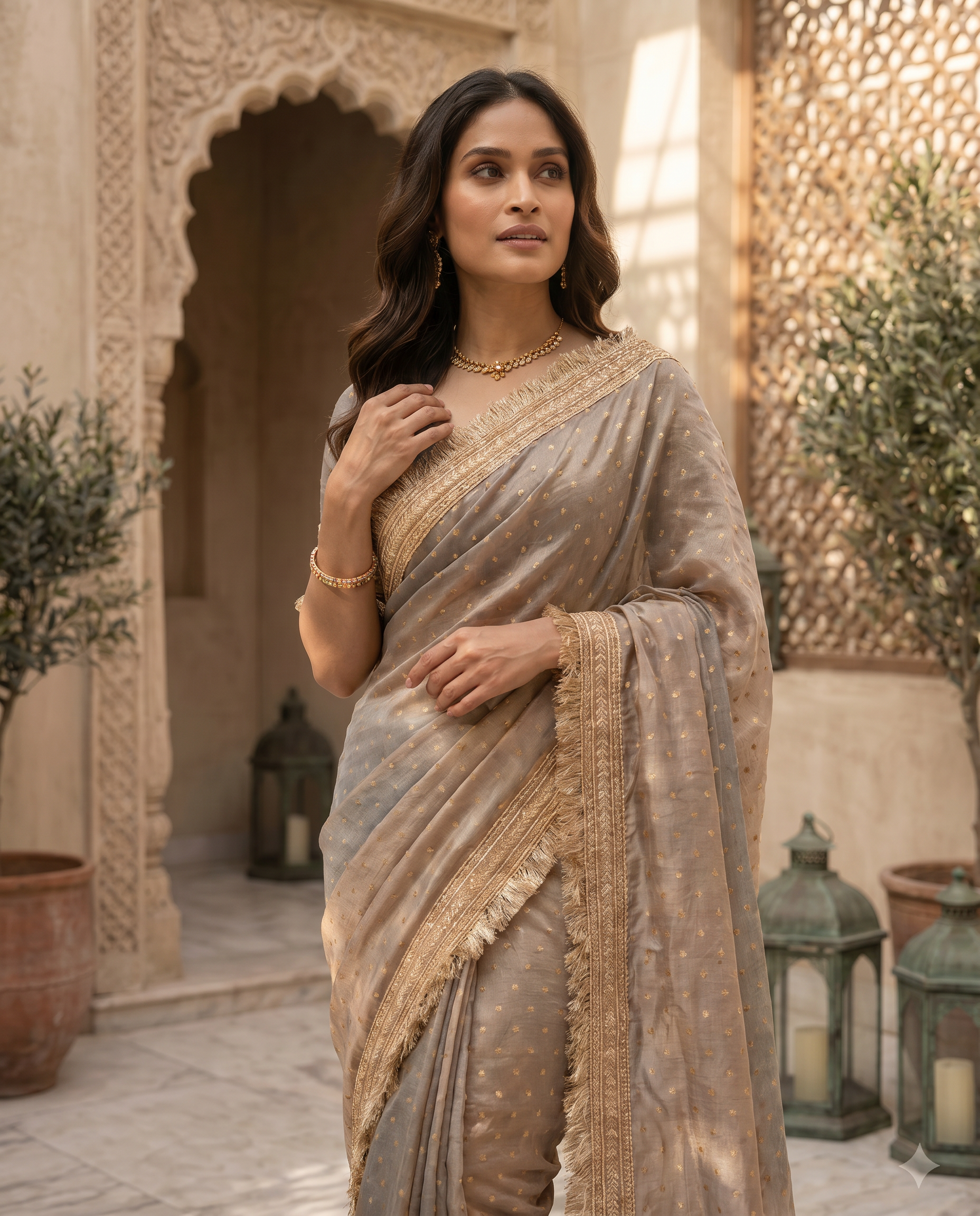 Elegant Dusty Pink Designer Saree with Golden Lace Border - output 2 - 04 upper closeup