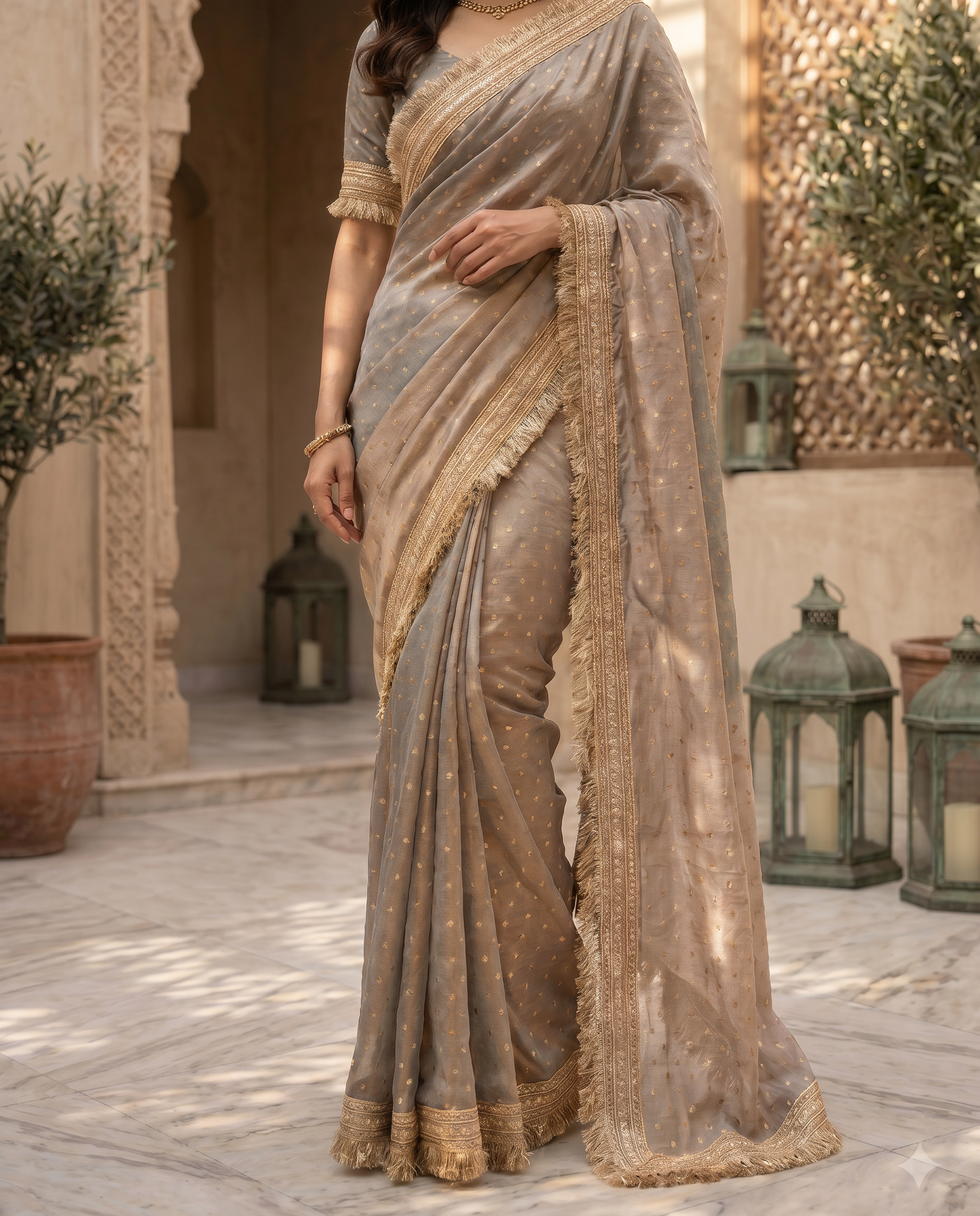 Elegant Dusty Pink Designer Saree with Golden Lace Border - output 2 - 05 lower closeup