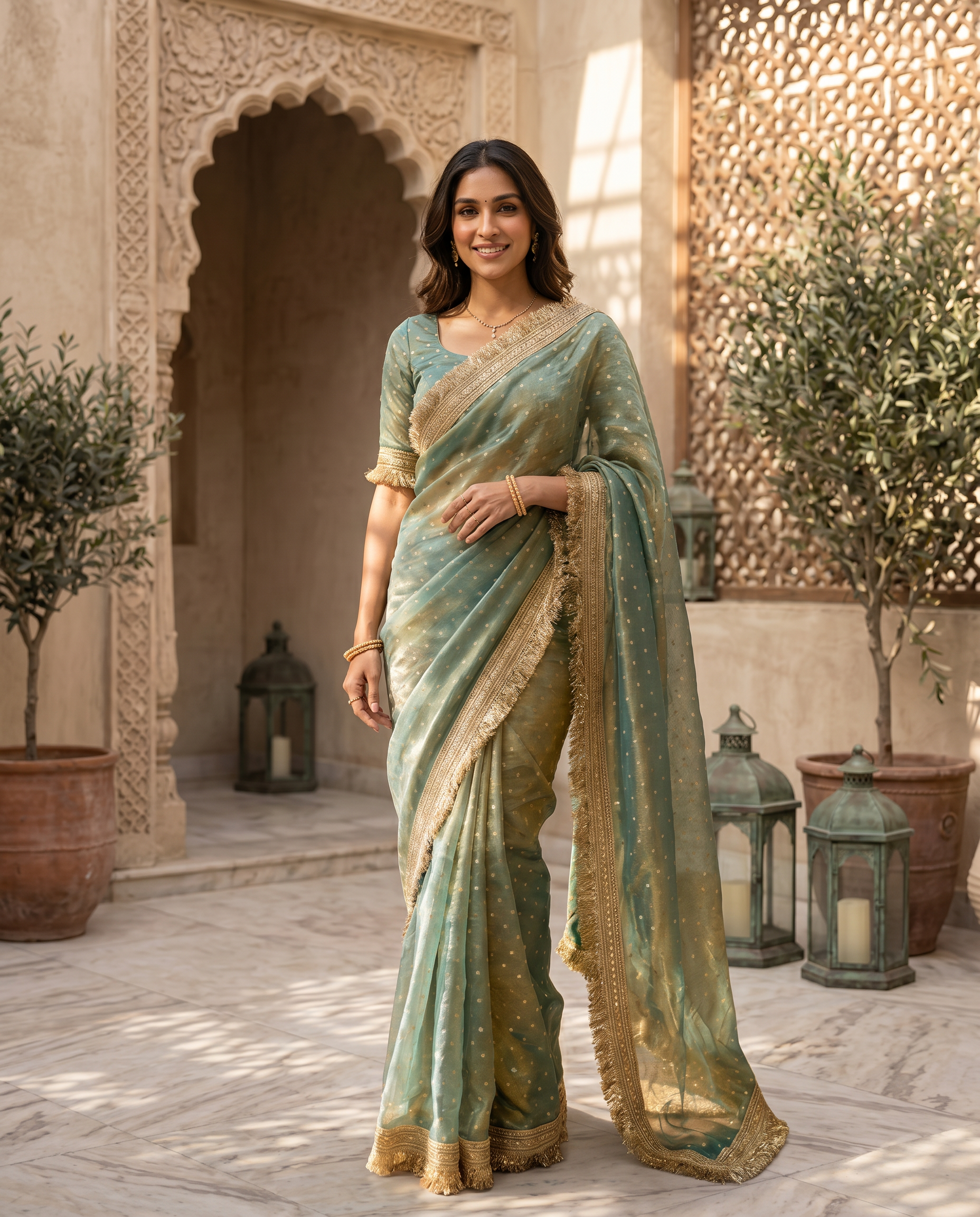 Elegant Dusty Pink Designer Saree with Golden Lace Border - output 3 - 02 hero