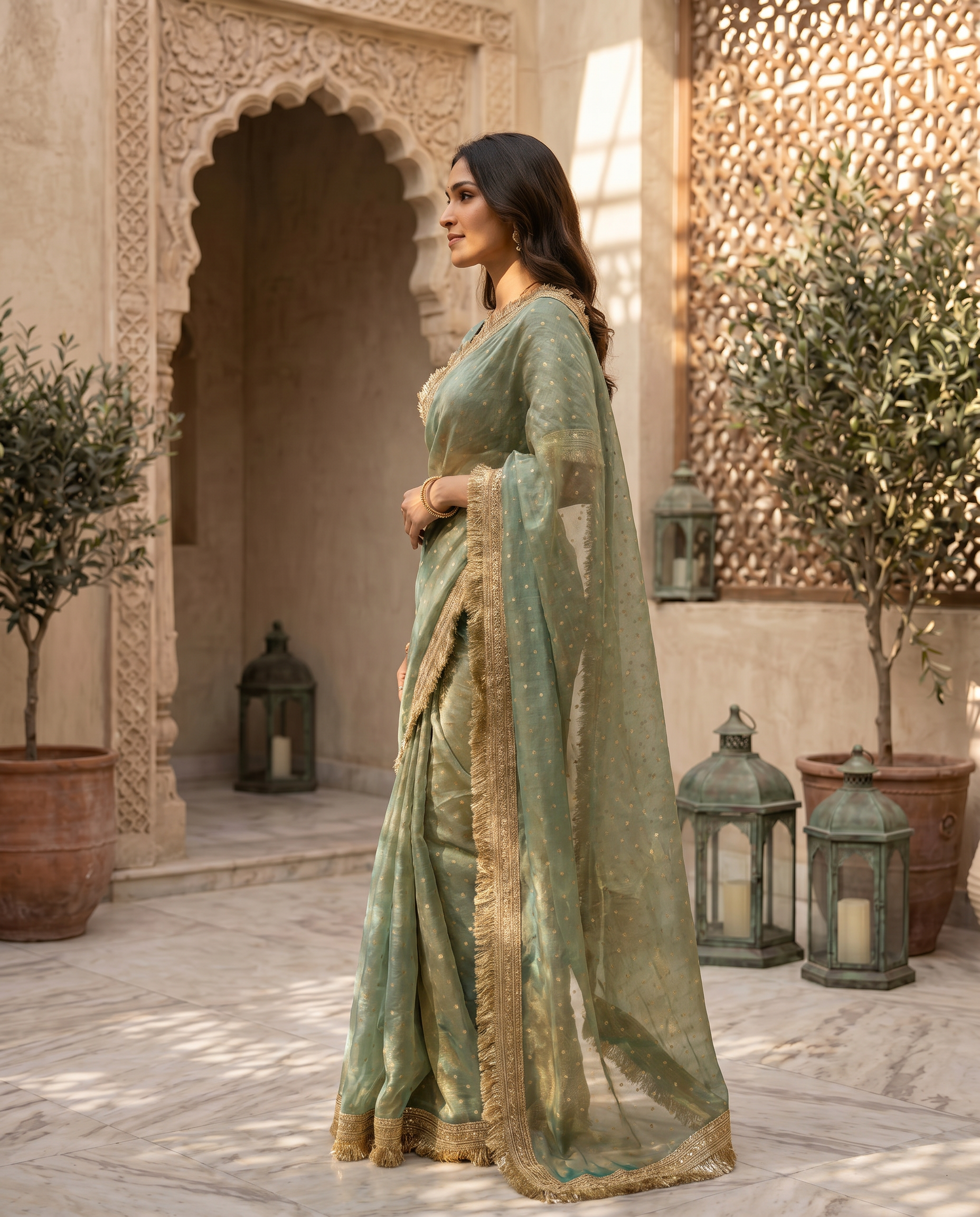 Elegant Dusty Pink Designer Saree with Golden Lace Border - output 3 - 03 side