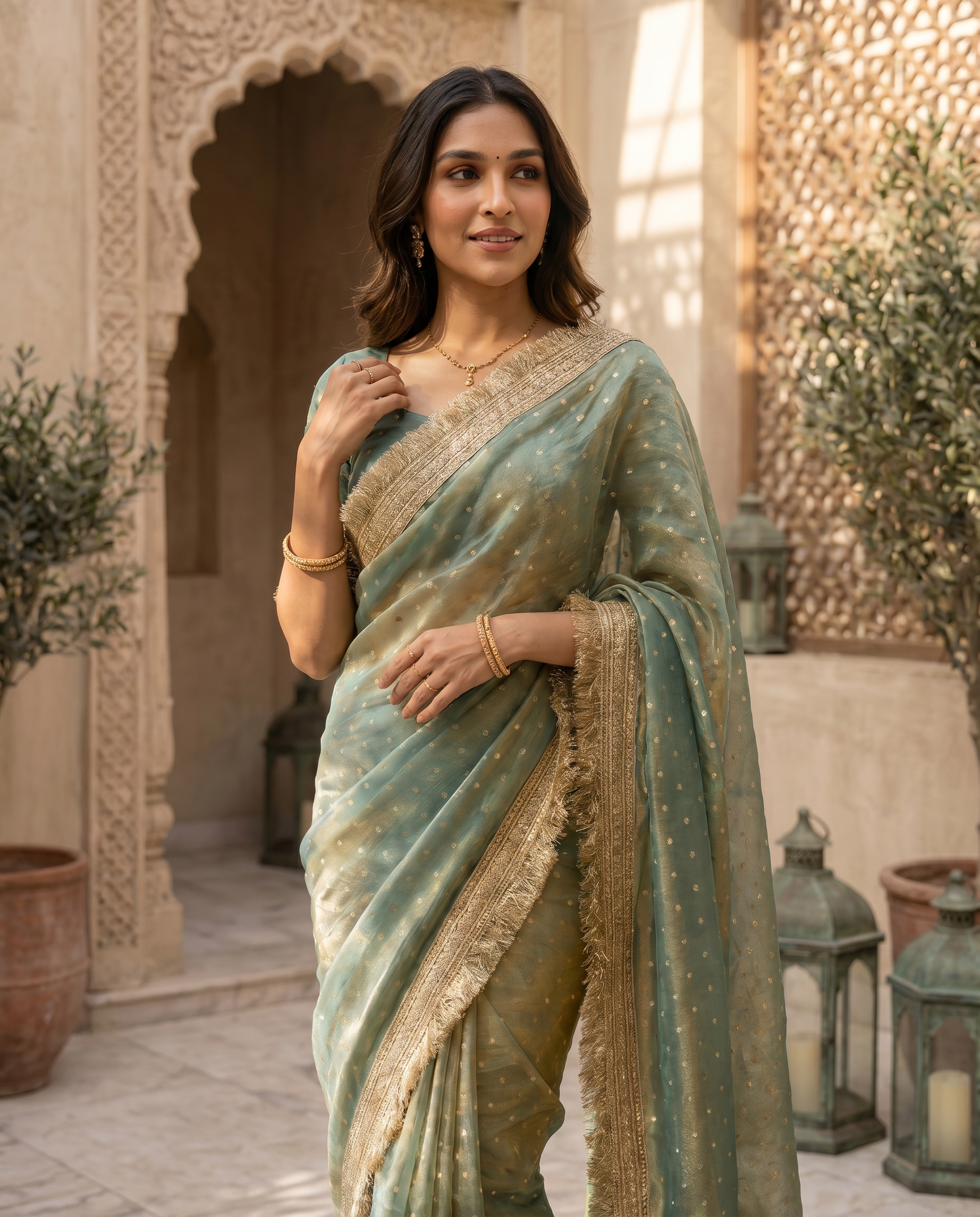 Elegant Dusty Pink Designer Saree with Golden Lace Border - output 3 - 04 upper closeup