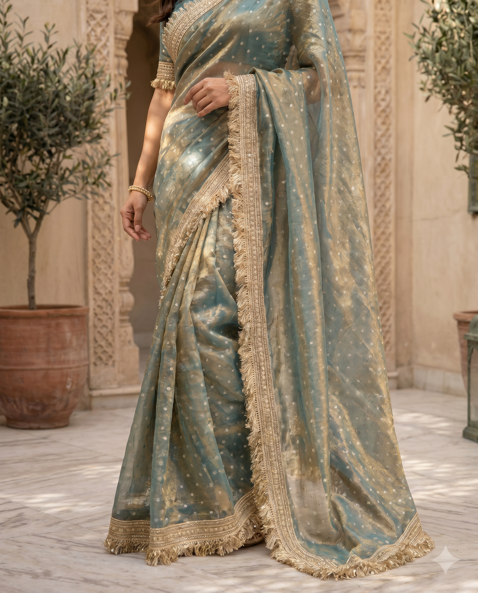 Elegant Dusty Pink Designer Saree with Golden Lace Border - output 4 - 05 lower closeup