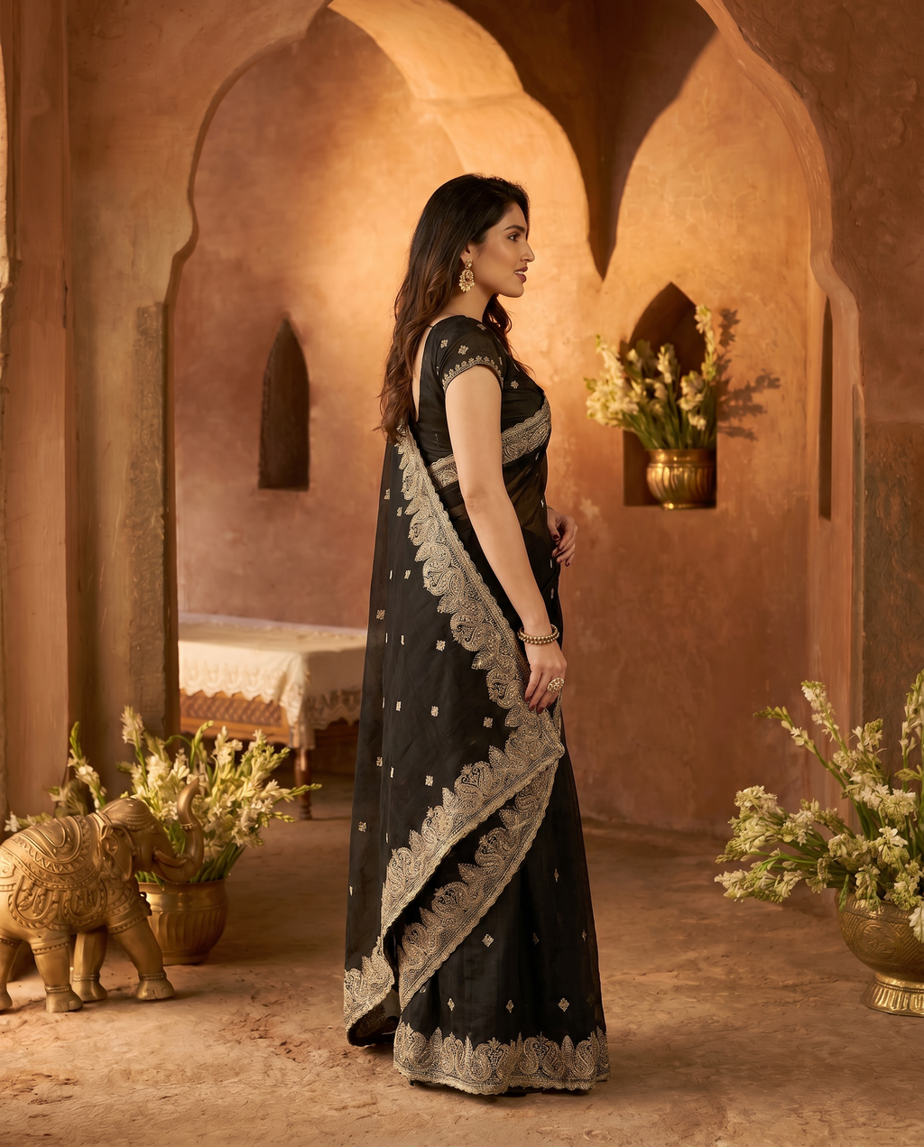 Elegant Embroidered Saree with Silver Designer Border – Party & Festive Wear - output 0 - 03 side