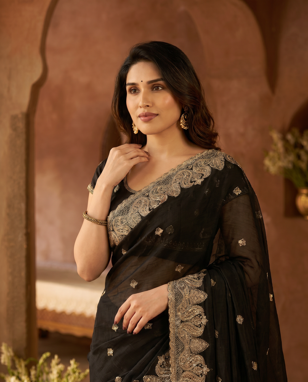 Elegant Embroidered Saree with Silver Designer Border – Party & Festive Wear - output 0 - 04 upper closeup