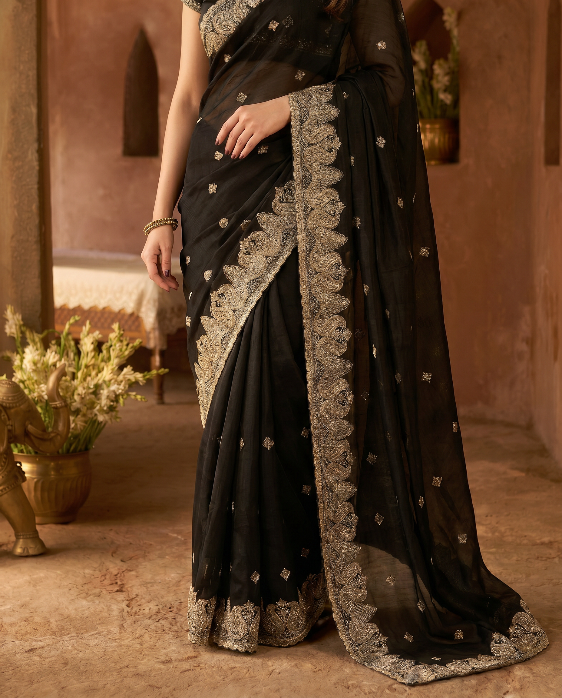 Elegant Embroidered Saree with Silver Designer Border – Party & Festive Wear - output 0 - 05 lower closeup