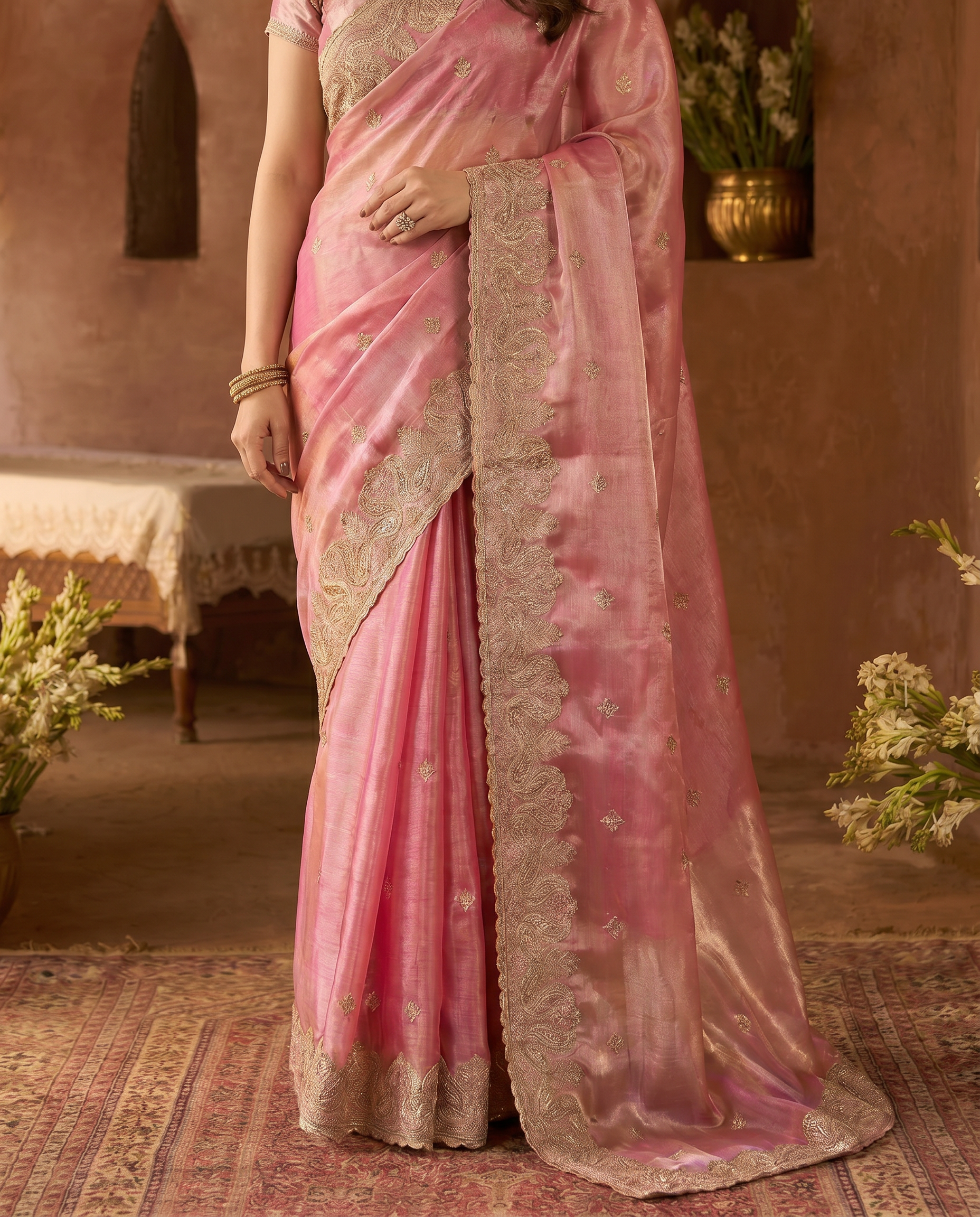 Elegant Embroidered Saree with Silver Designer Border – Party & Festive Wear - output 1 - 05 lower closeup