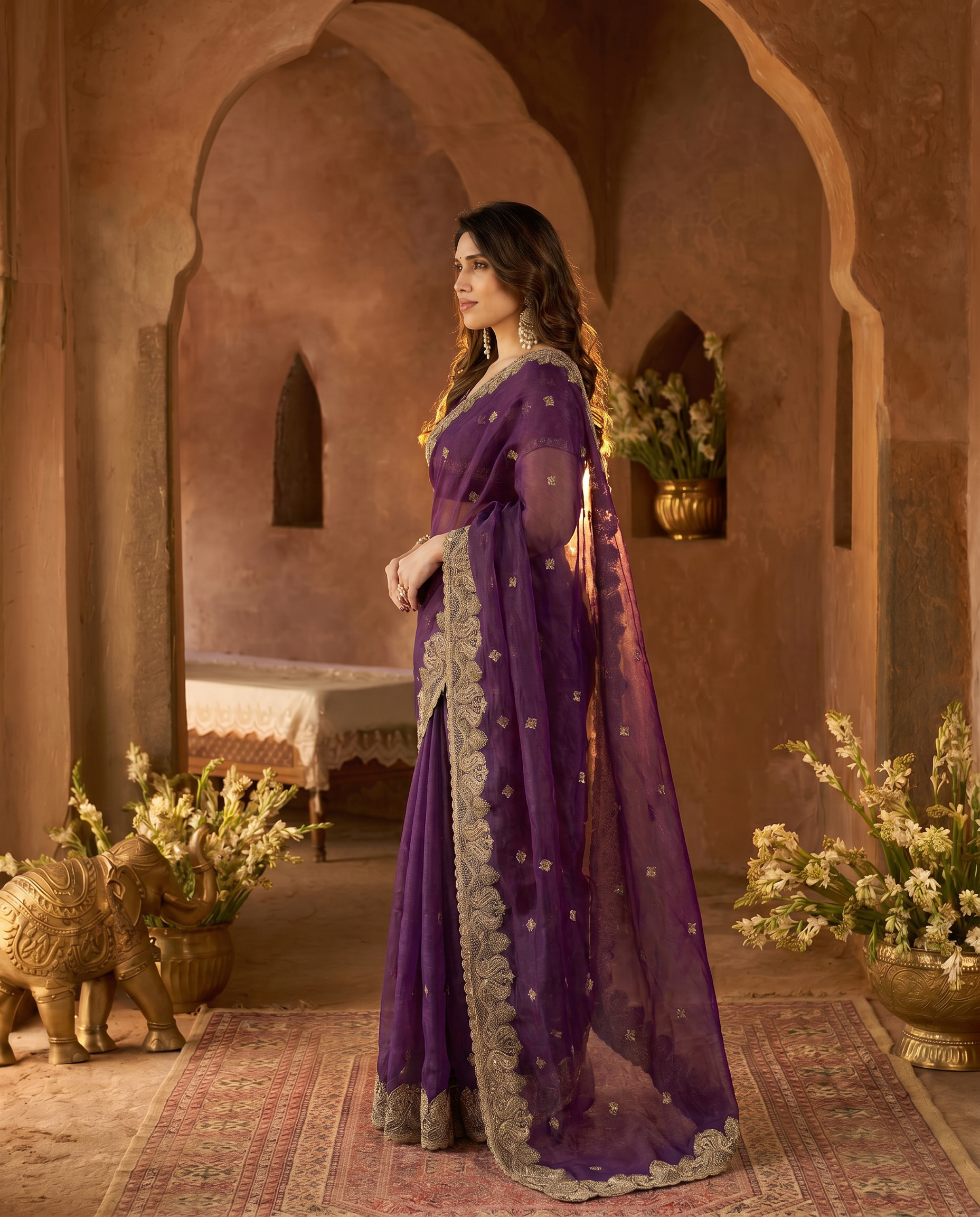Elegant Embroidered Saree with Silver Designer Border – Party & Festive Wear - output 2 - 03 side