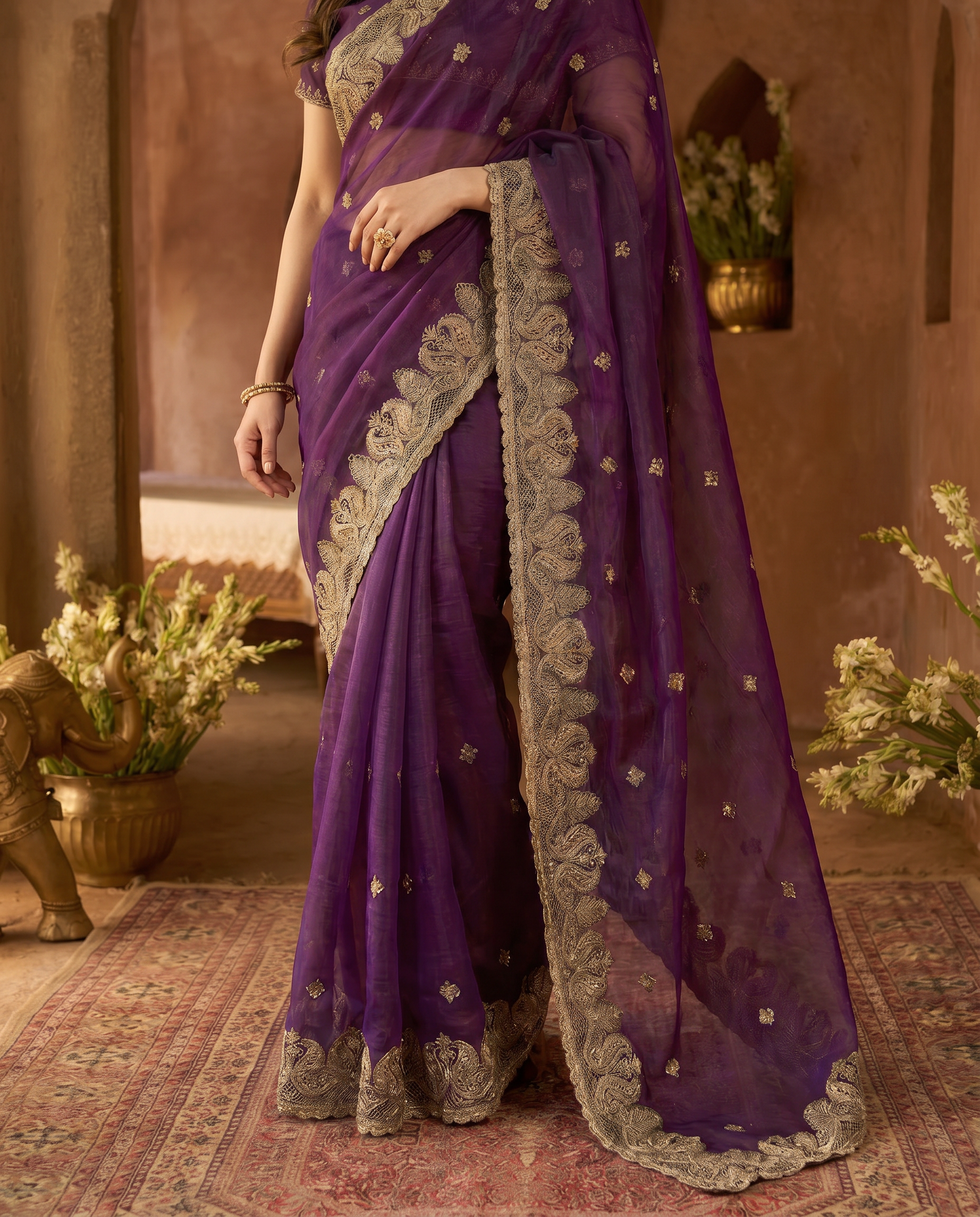Elegant Embroidered Saree with Silver Designer Border – Party & Festive Wear - output 2 - 05 lower closeup