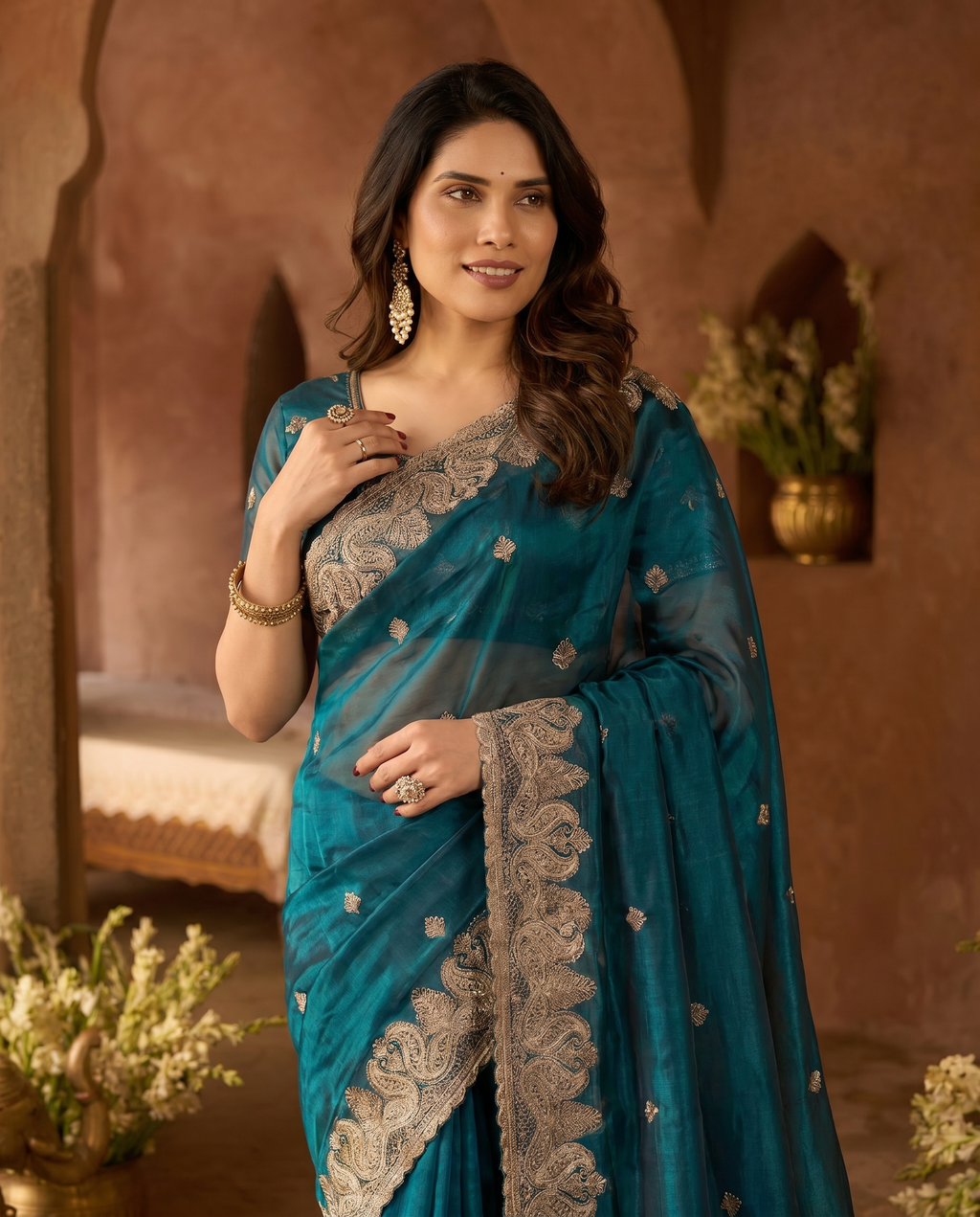 Elegant Embroidered Saree with Silver Designer Border – Party & Festive Wear - output 4 - 04 upper closeup