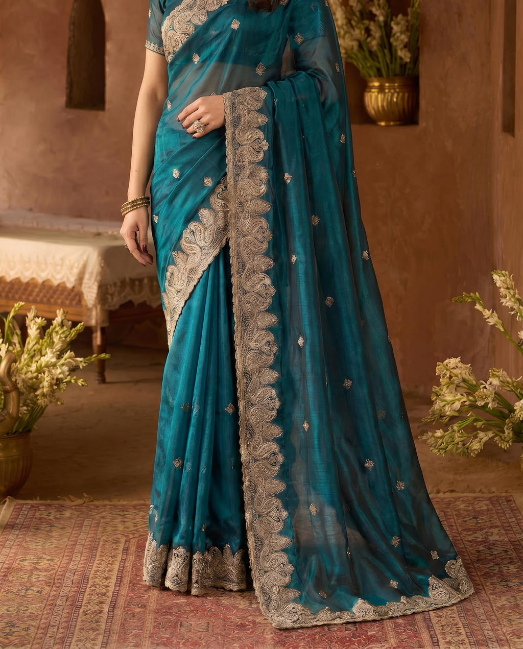Elegant Embroidered Saree with Silver Designer Border – Party & Festive Wear - output 4 - 05 lower closeup