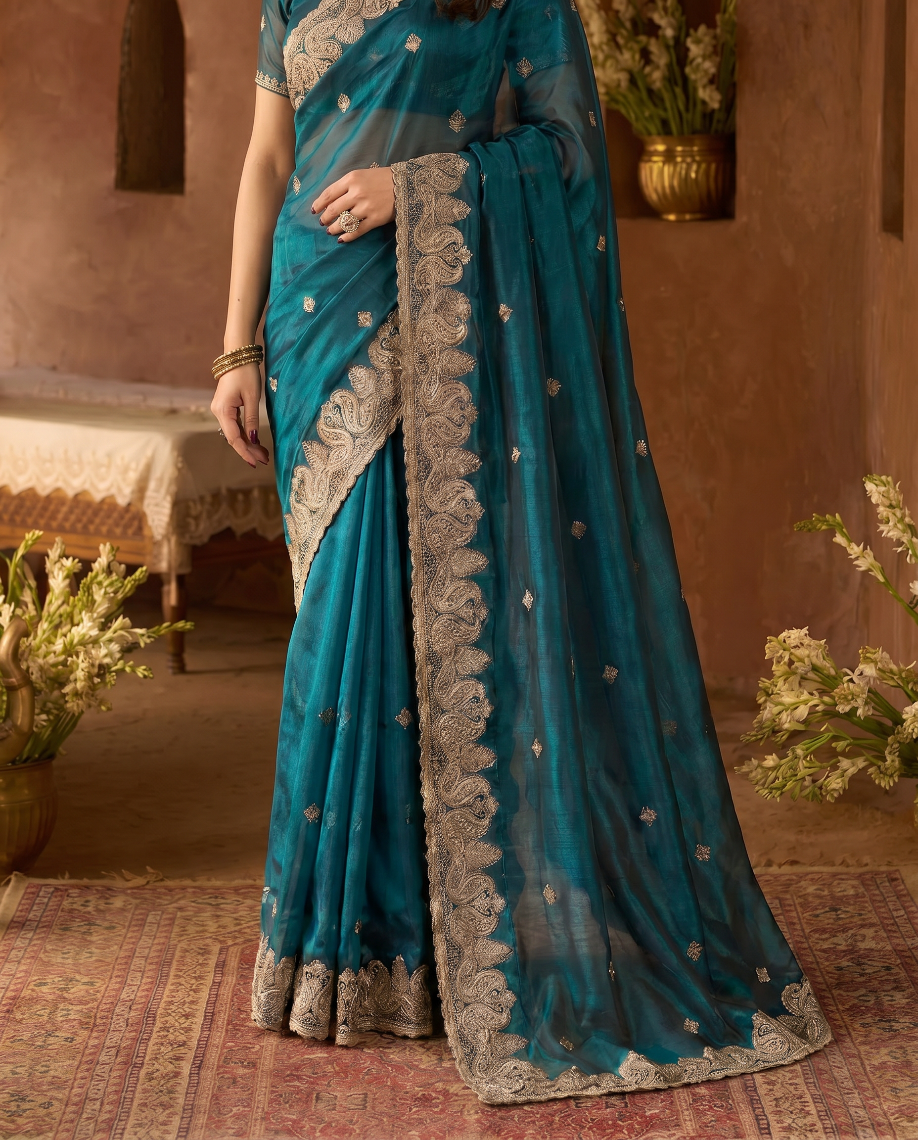 Elegant Embroidered Saree with Silver Designer Border – Party & Festive Wear - output 4 - 05 lower closeup