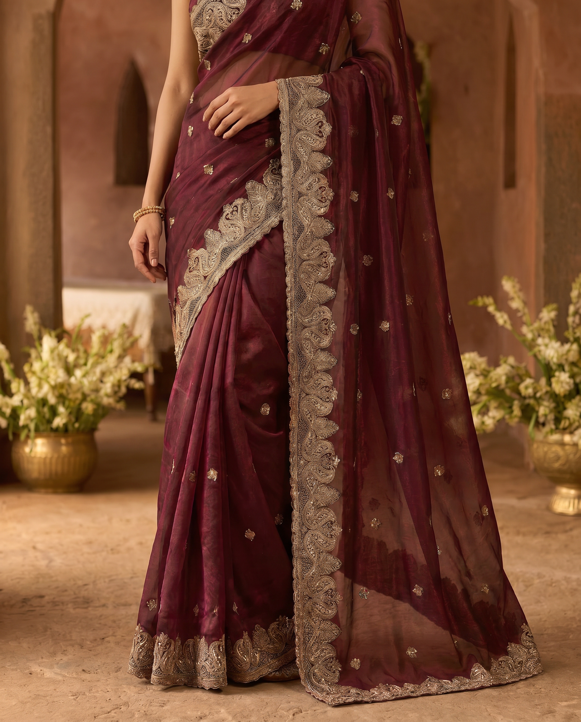 Elegant Embroidered Saree with Silver Designer Border – Party & Festive Wear - output 5 - 05 lower closeup