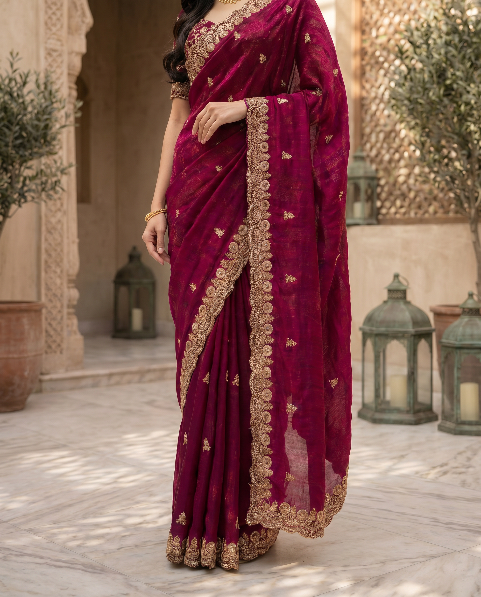 Elegant Emerald Green Embroidered Saree with Heavy Golden Designer Border – Wedding & Festive Wear - output 0 - 05 lower closeup
