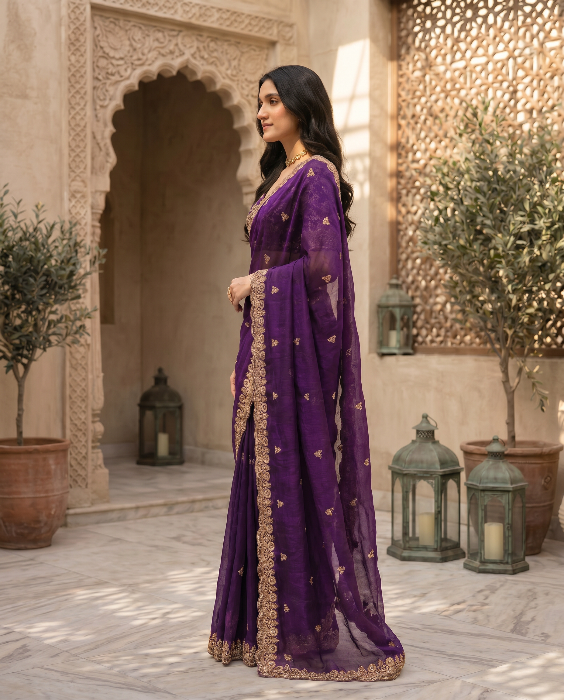 Elegant Emerald Green Embroidered Saree with Heavy Golden Designer Border – Wedding & Festive Wear - output 1 - 03 side
