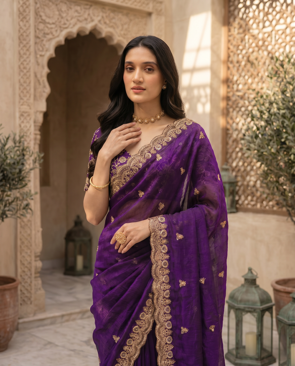 Elegant Emerald Green Embroidered Saree with Heavy Golden Designer Border – Wedding & Festive Wear - output 1 - 04 upper closeup