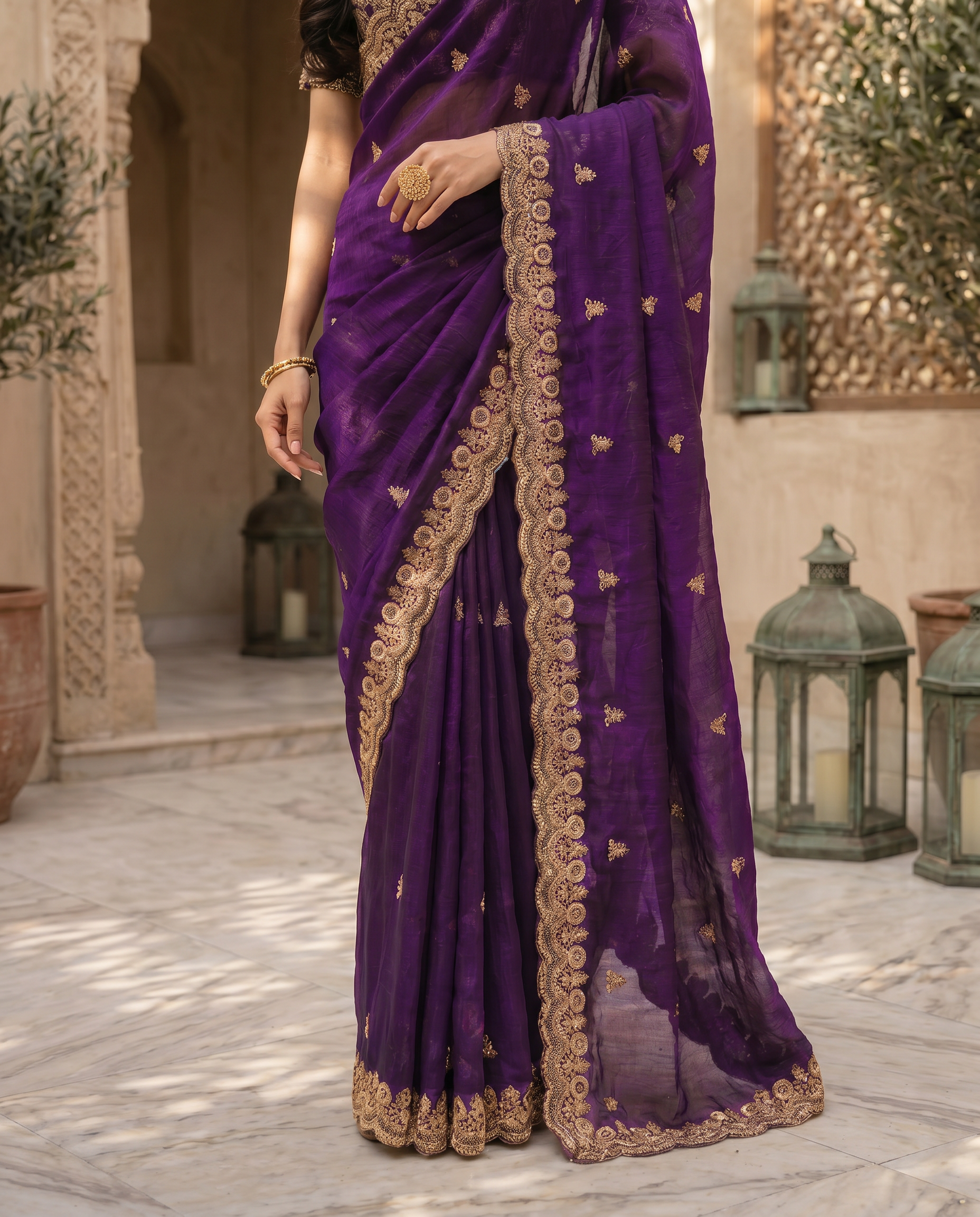 Elegant Emerald Green Embroidered Saree with Heavy Golden Designer Border – Wedding & Festive Wear - output 1 - 05 lower closeup