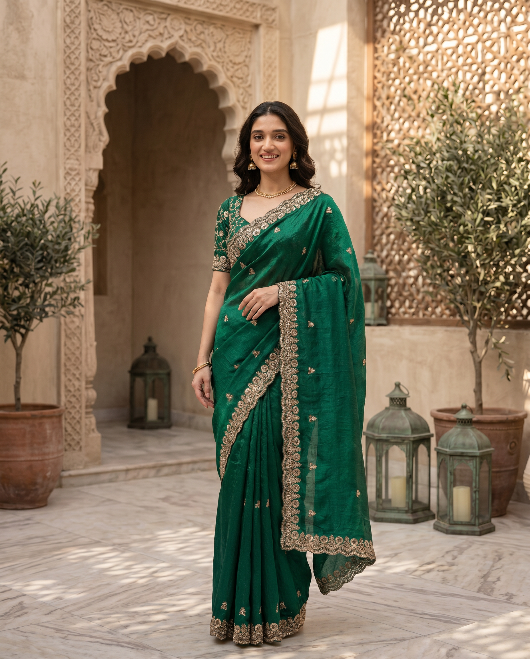 Elegant Emerald Green Embroidered Saree with Heavy Golden Designer Border – Wedding & Festive Wear - output 2 - 02 hero