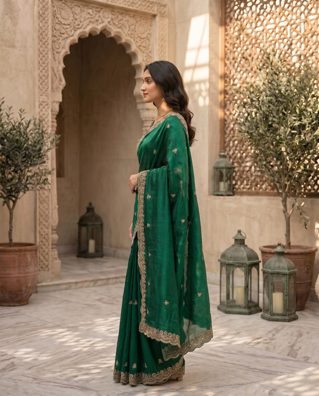 Elegant Emerald Green Embroidered Saree with Heavy Golden Designer Border – Wedding & Festive Wear - output 2 - 03 side
