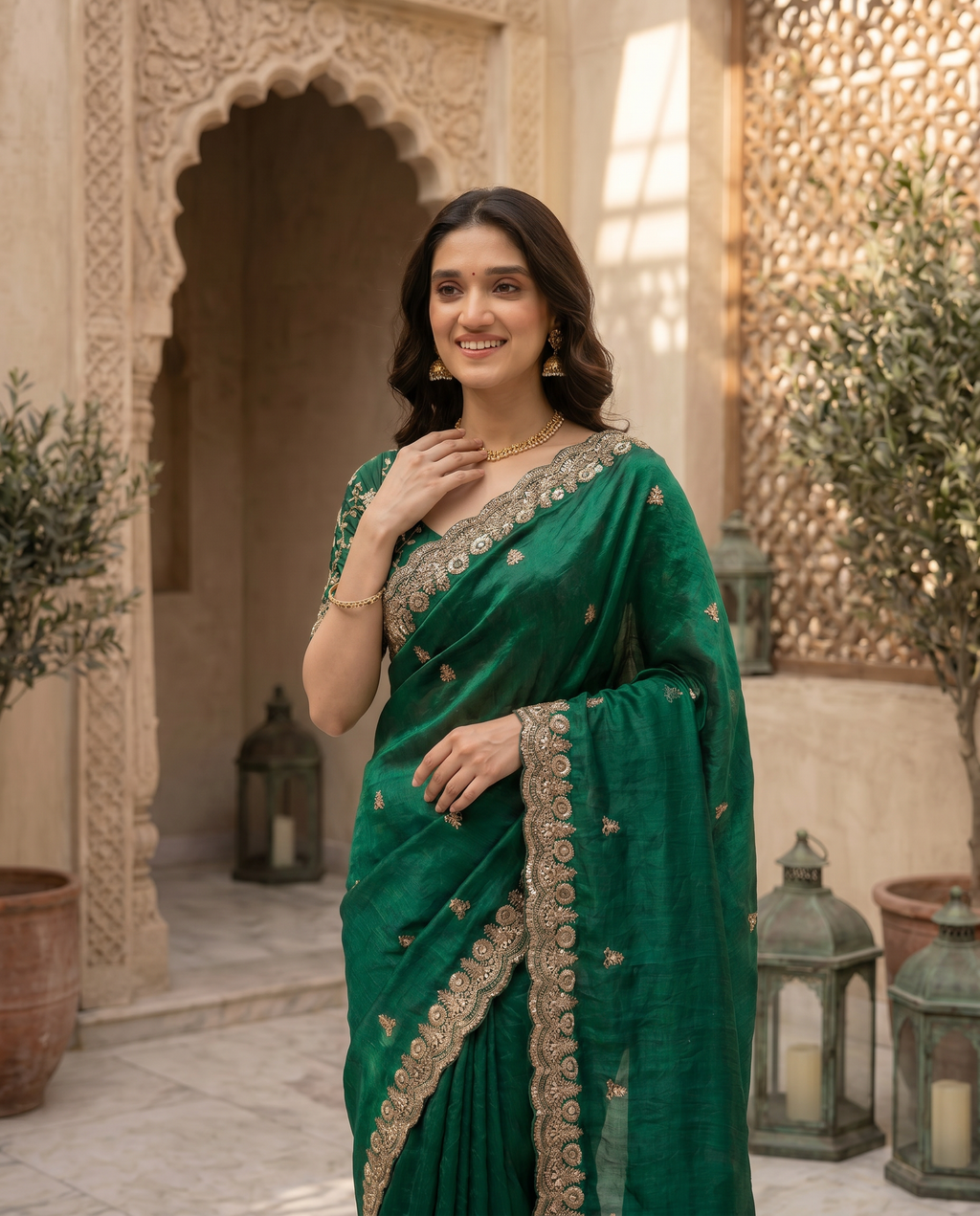 Elegant Emerald Green Embroidered Saree with Heavy Golden Designer Border – Wedding & Festive Wear - output 2 - 04 upper closeup