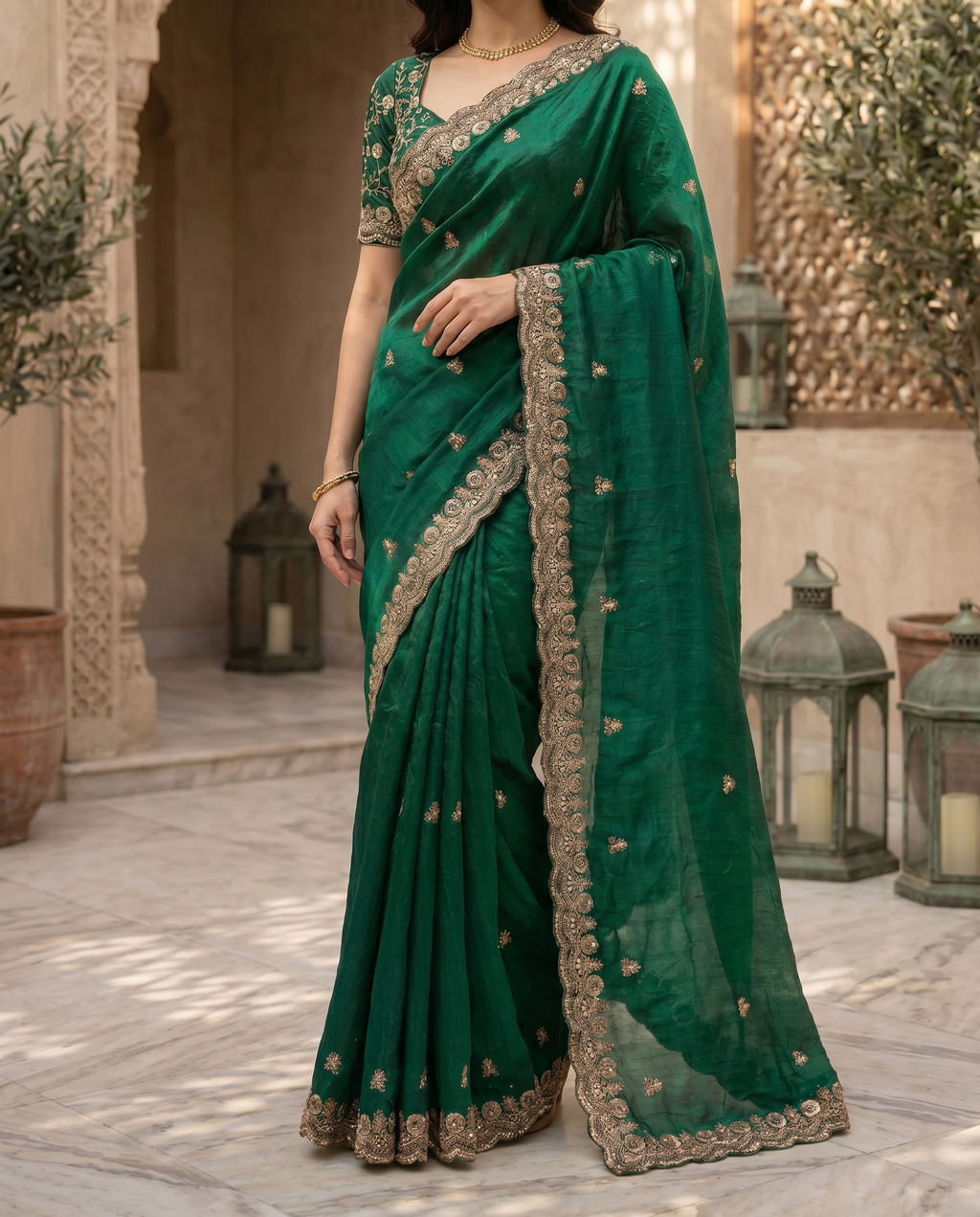 Elegant Emerald Green Embroidered Saree with Heavy Golden Designer Border – Wedding & Festive Wear - output 2 - 05 lower closeup