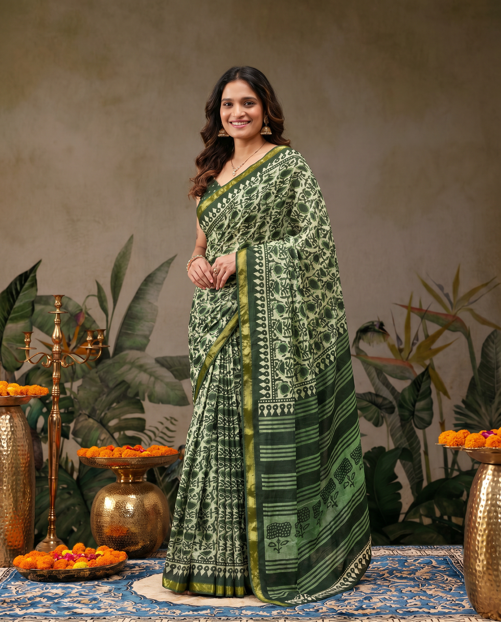Elegant Forest Green Handblock Printed Pure Cotton Saree with Golden Border - output 0 - 02 hero