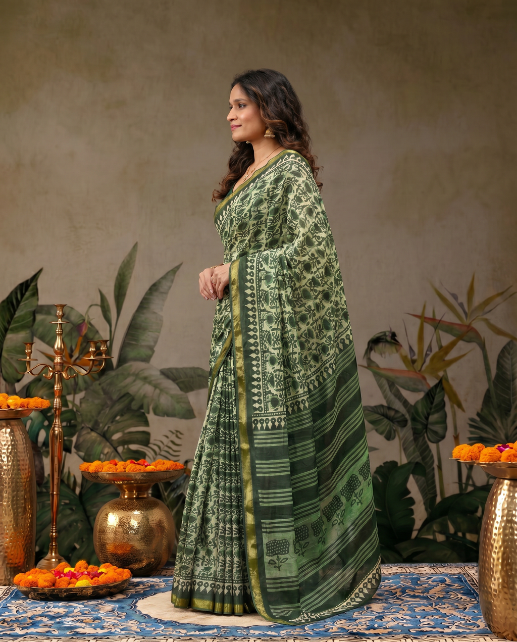 Elegant Forest Green Handblock Printed Pure Cotton Saree with Golden Border - output 0 - 03 side