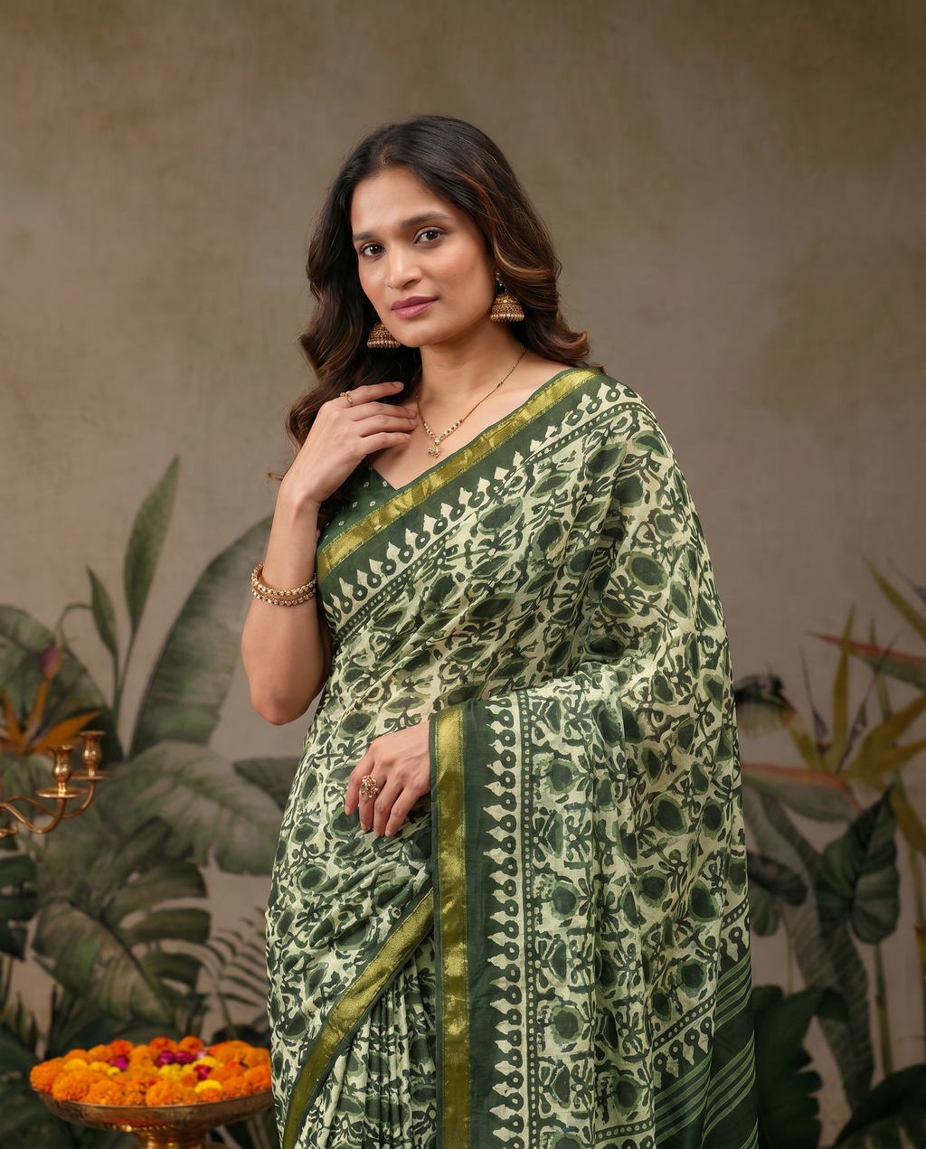 Elegant Forest Green Handblock Printed Pure Cotton Saree with Golden Border - output 0 - 04 upper closeup
