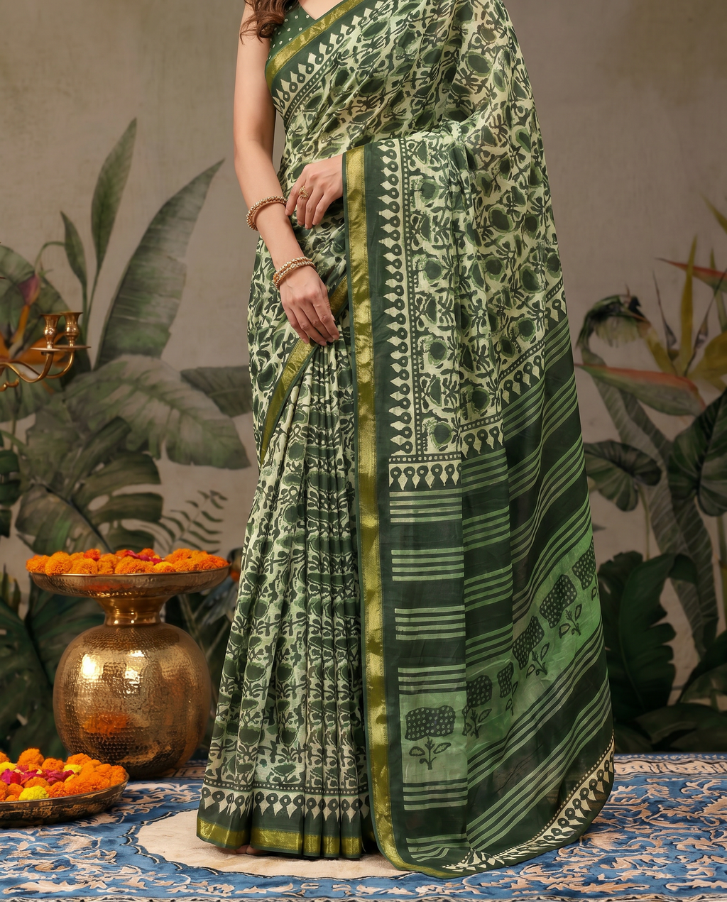 Elegant Forest Green Handblock Printed Pure Cotton Saree with Golden Border - output 0 - 05 lower closeup