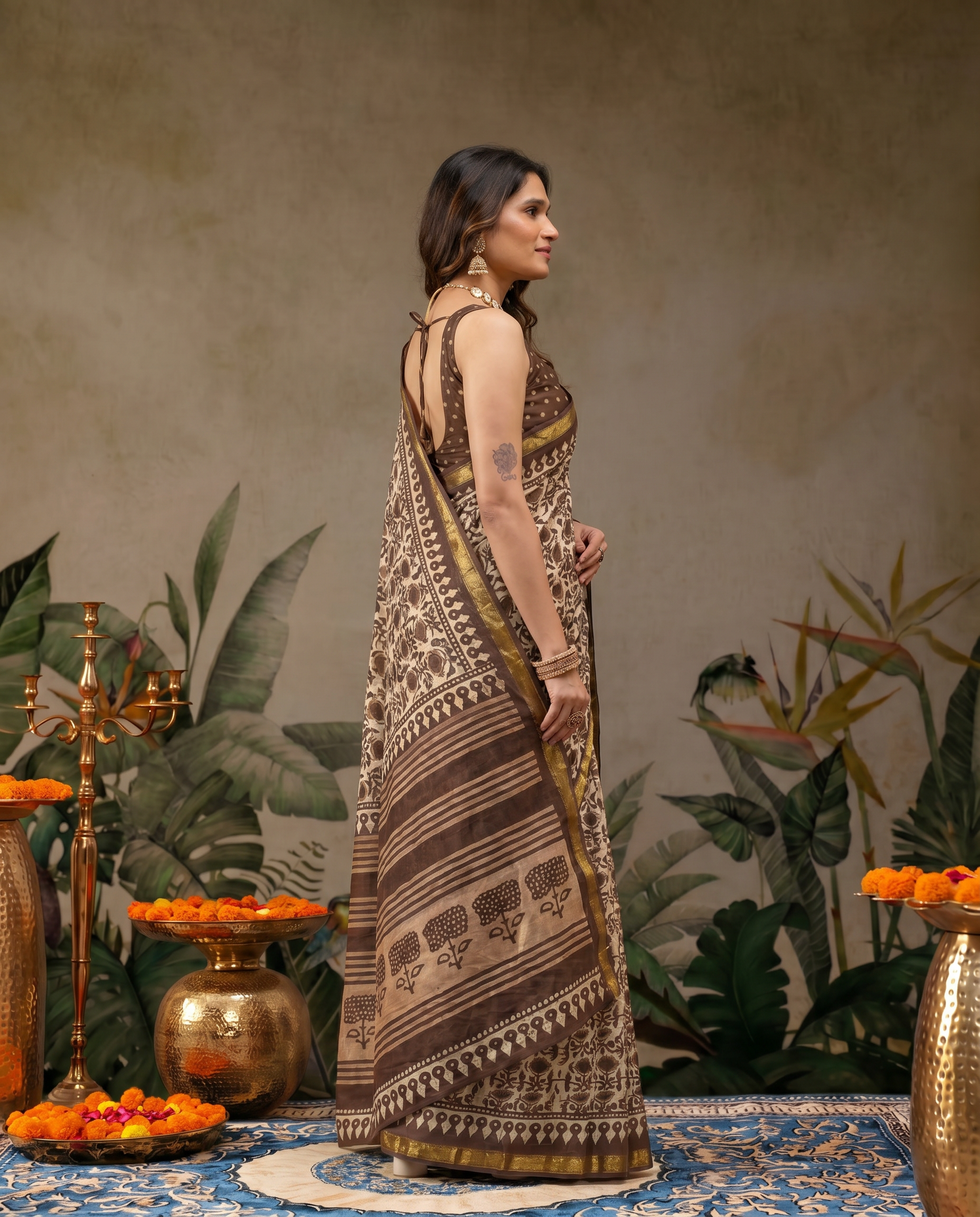 Elegant Forest Green Handblock Printed Pure Cotton Saree with Golden Border - output 1 - 03 side