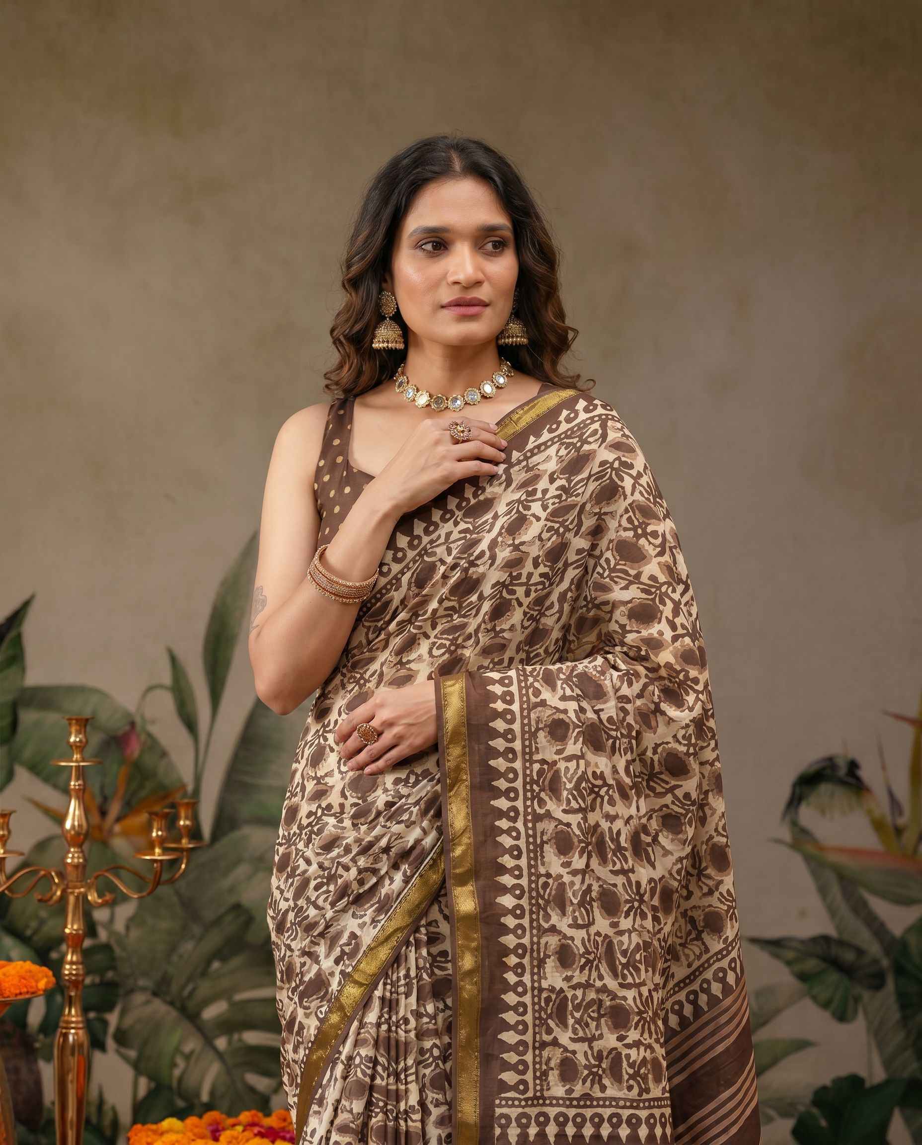 Elegant Forest Green Handblock Printed Pure Cotton Saree with Golden Border - output 1 - 04 upper closeup