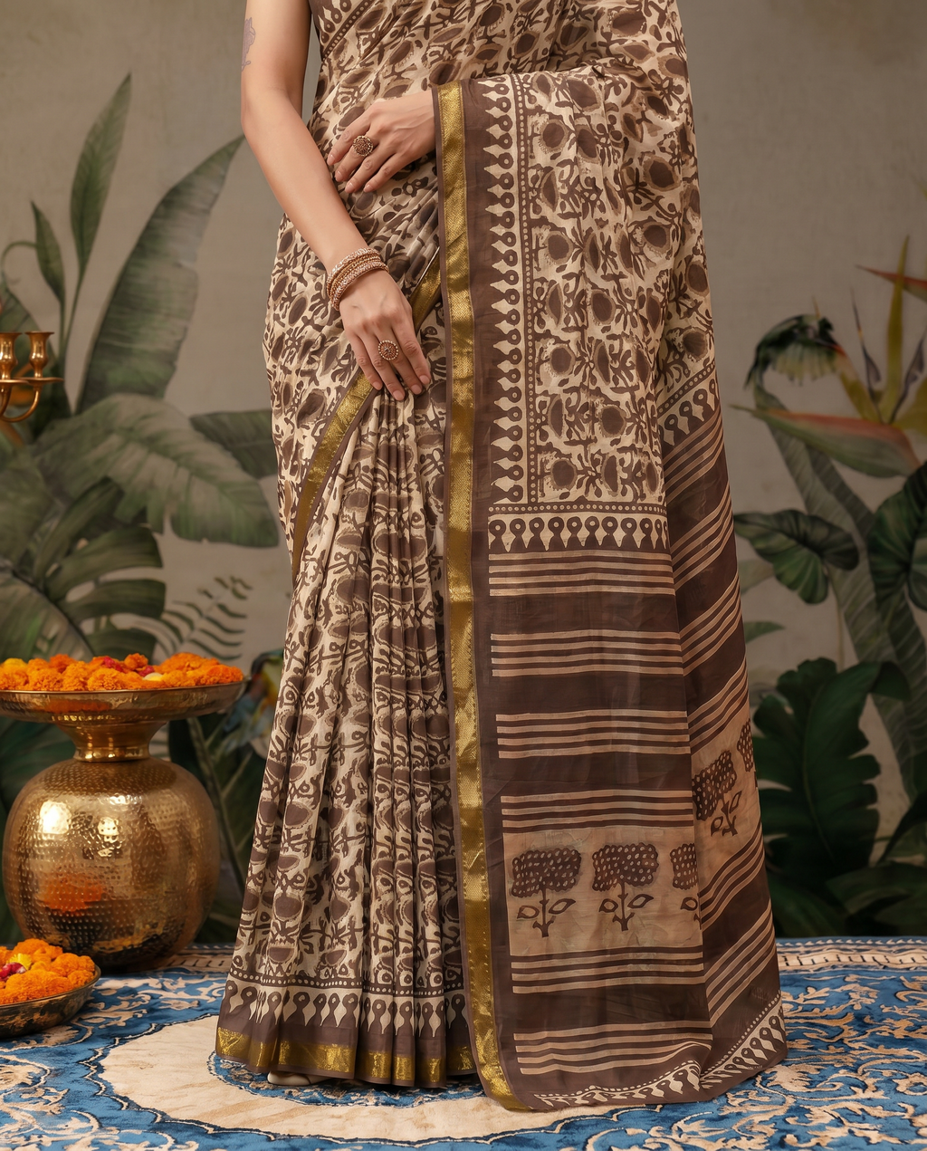 Elegant Forest Green Handblock Printed Pure Cotton Saree with Golden Border - output 1 - 05 lower closeup