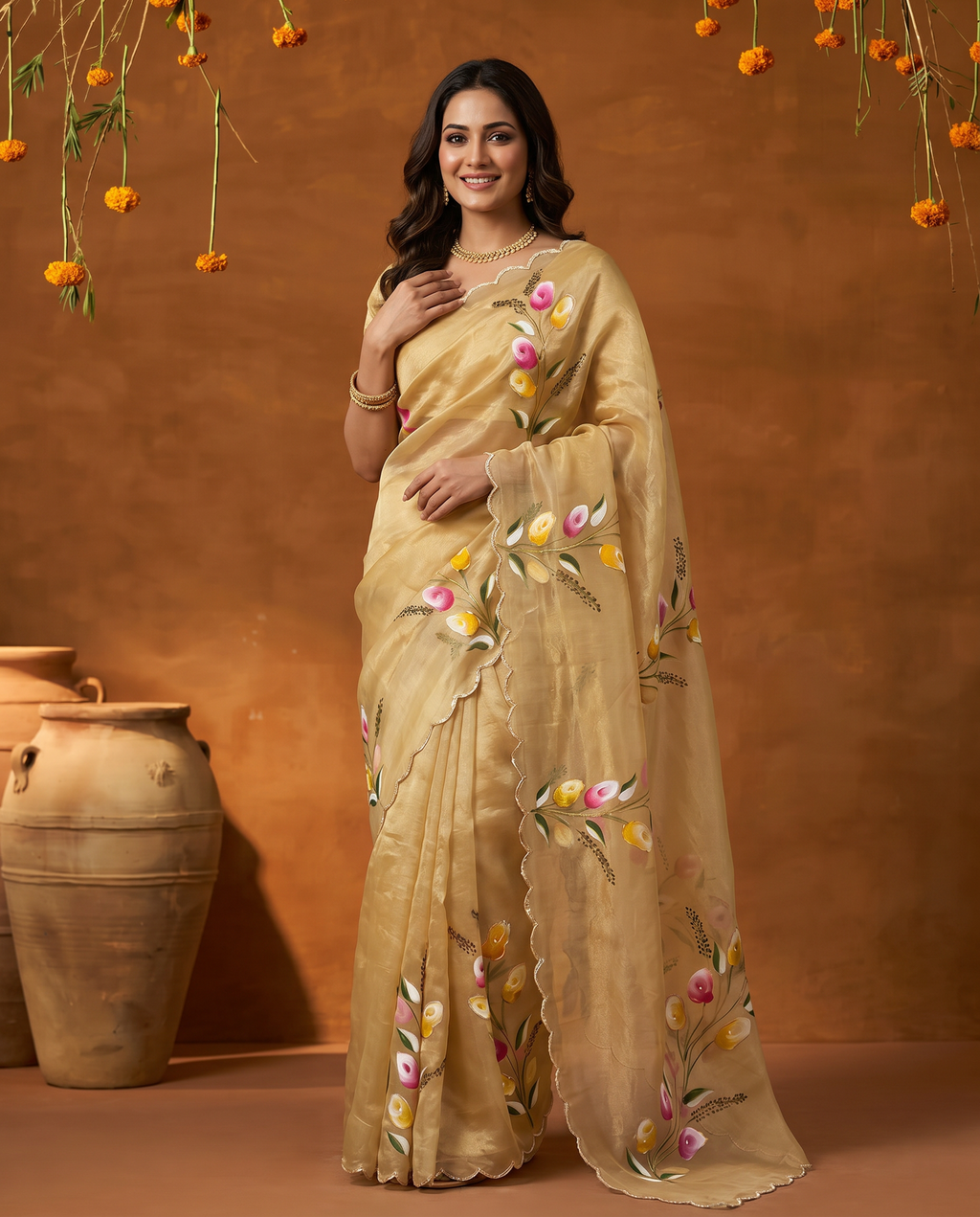 Elegant Golden Organza Saree with Floral Embroidery & Designer Blouse - output 0 - 02 hero