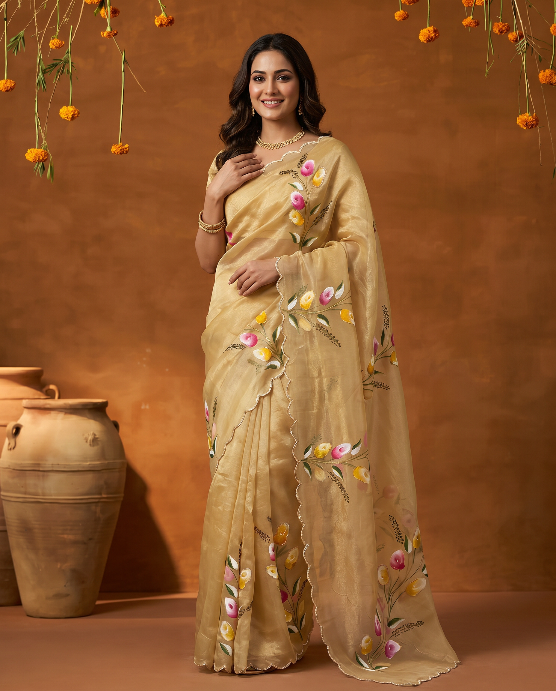 Elegant Golden Organza Saree with Floral Embroidery & Designer Blouse - output 0 - 02 hero