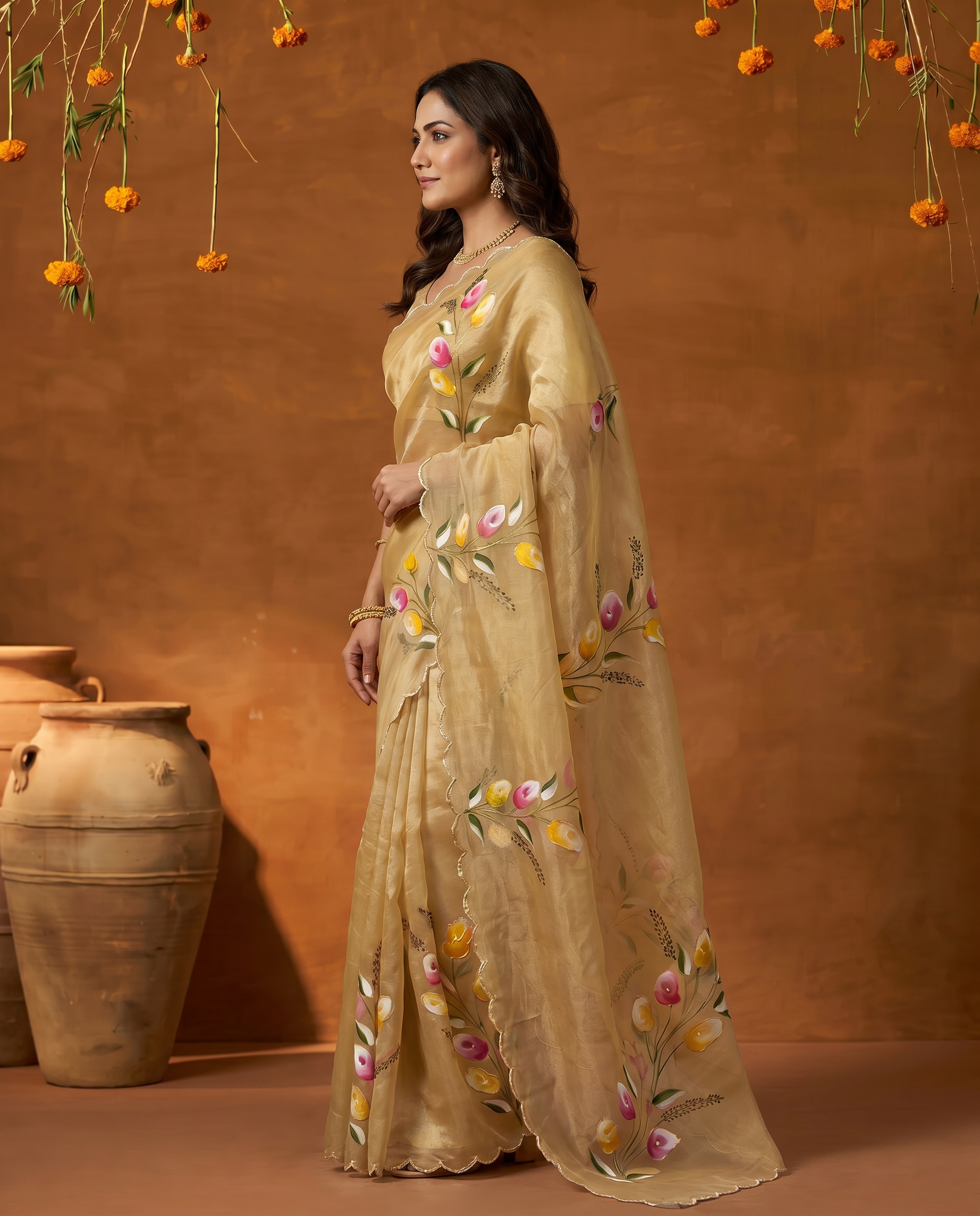 Elegant Golden Organza Saree with Floral Embroidery & Designer Blouse - output 0 - 03 side