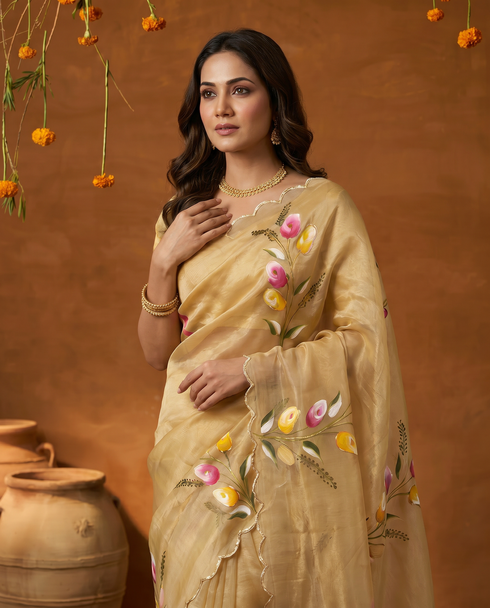 Elegant Golden Organza Saree with Floral Embroidery & Designer Blouse - output 0 - 04 upper closeup