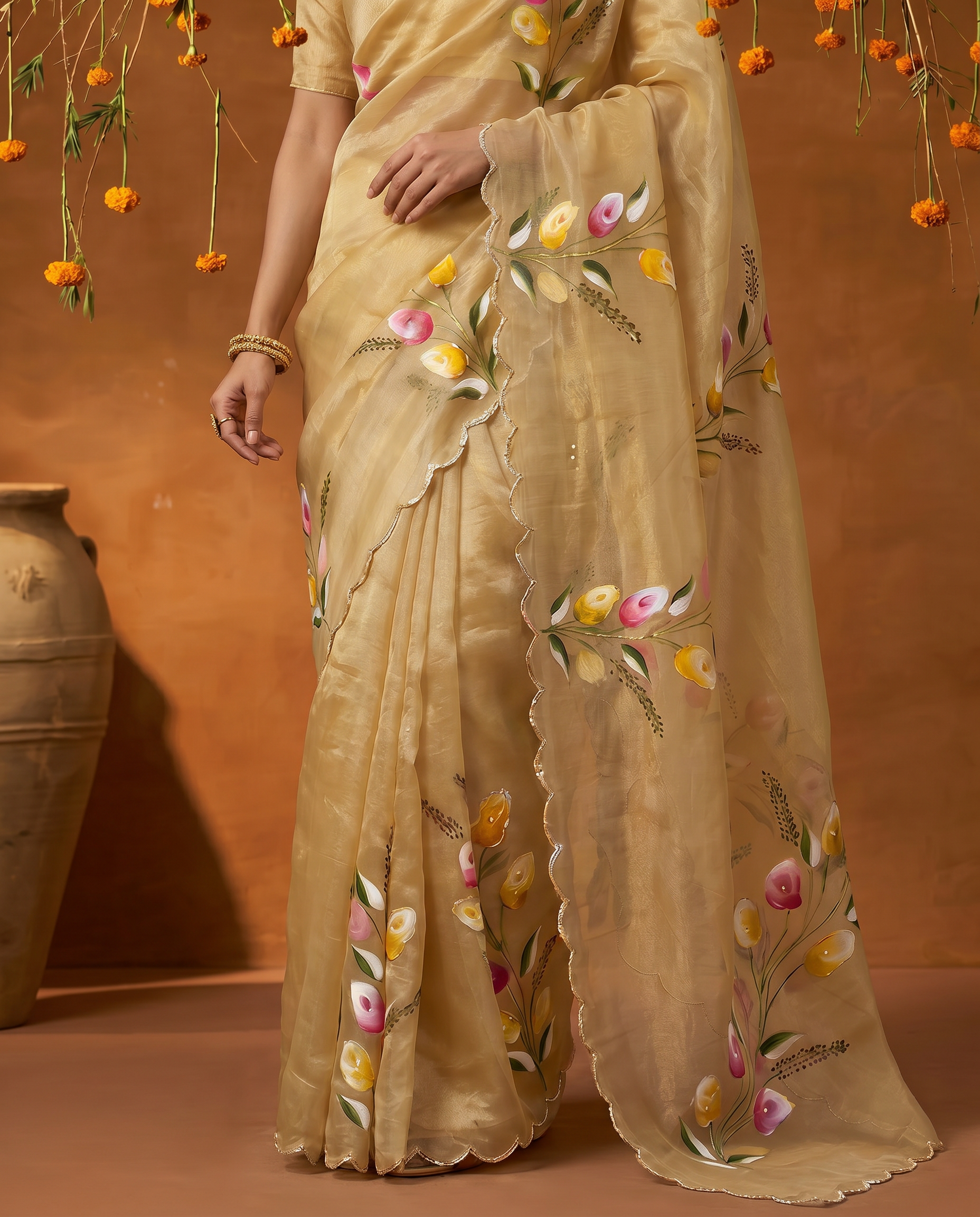 Elegant Golden Organza Saree with Floral Embroidery & Designer Blouse - output 0 - 05 lower closeup