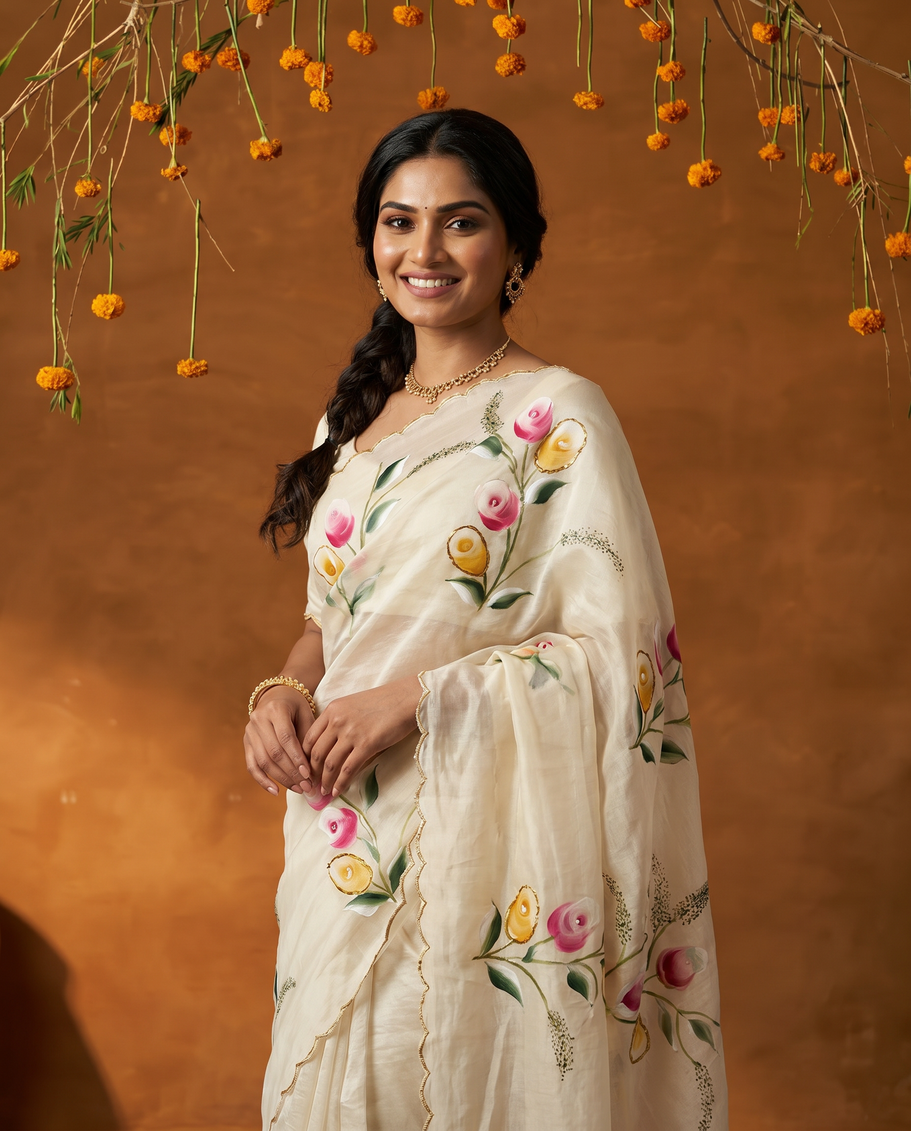 Elegant Golden Organza Saree with Floral Embroidery & Designer Blouse - output 1 - 02 hero