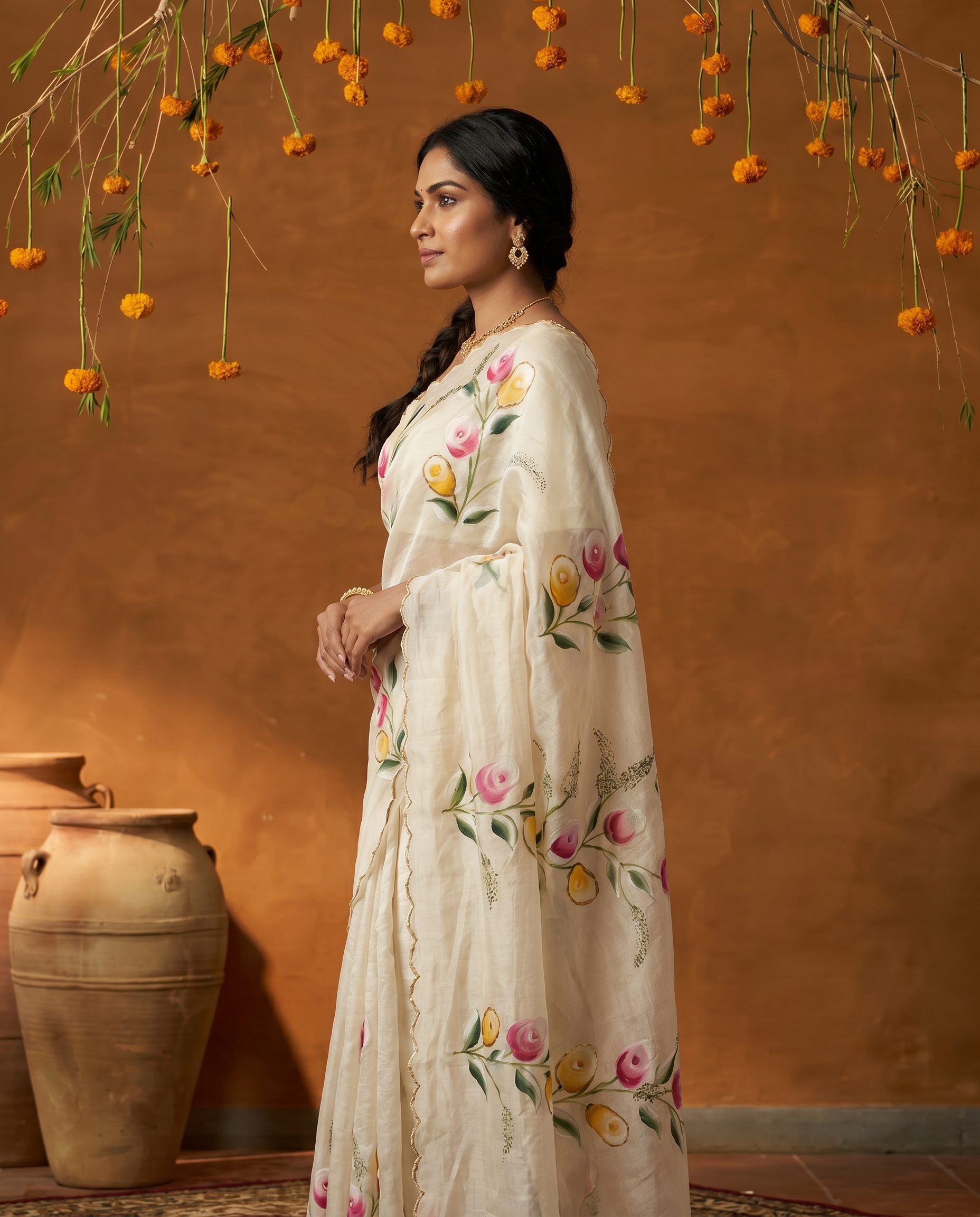 Elegant Golden Organza Saree with Floral Embroidery & Designer Blouse - output 1 - 03 side