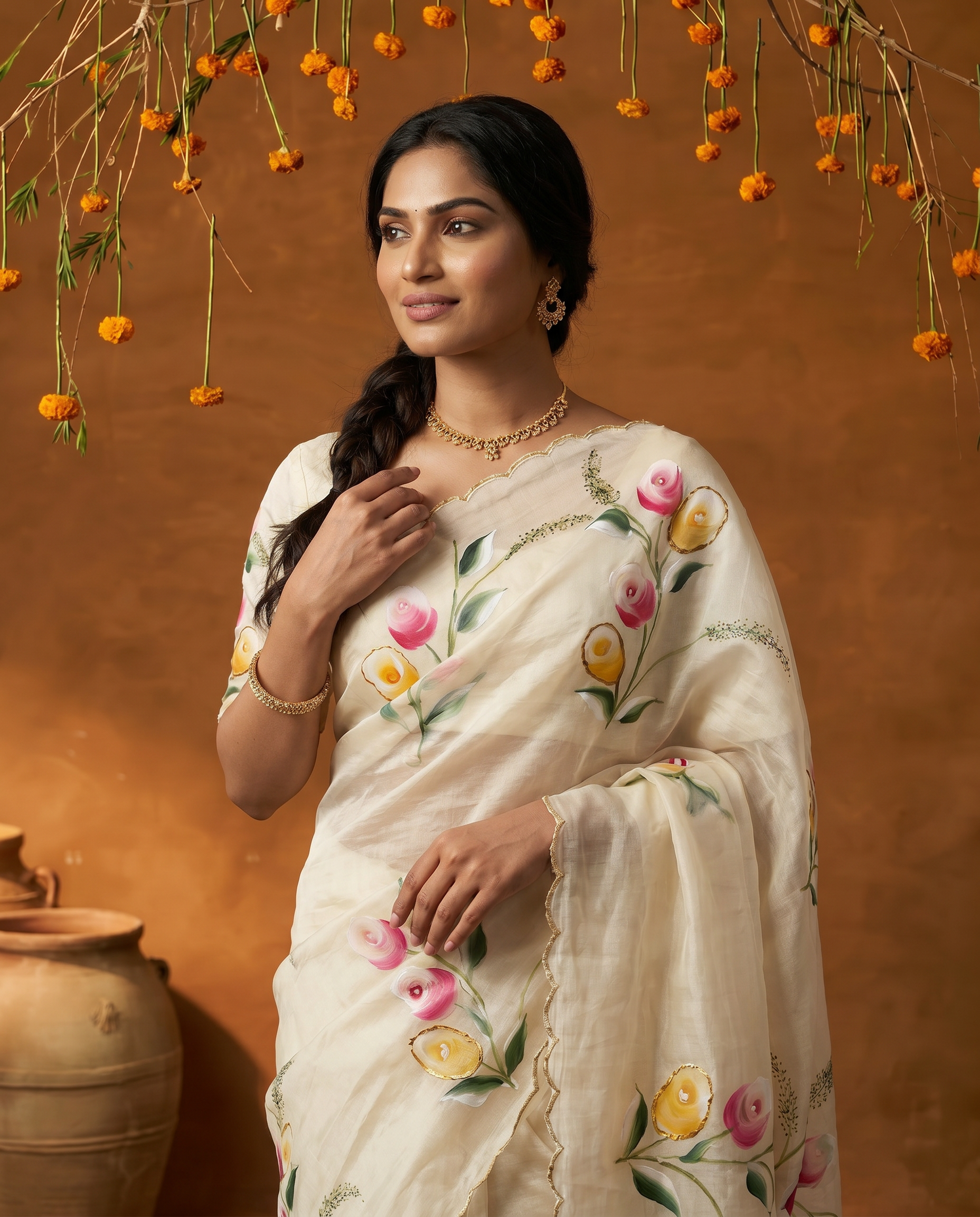 Elegant Golden Organza Saree with Floral Embroidery & Designer Blouse - output 1 - 04 upper closeup