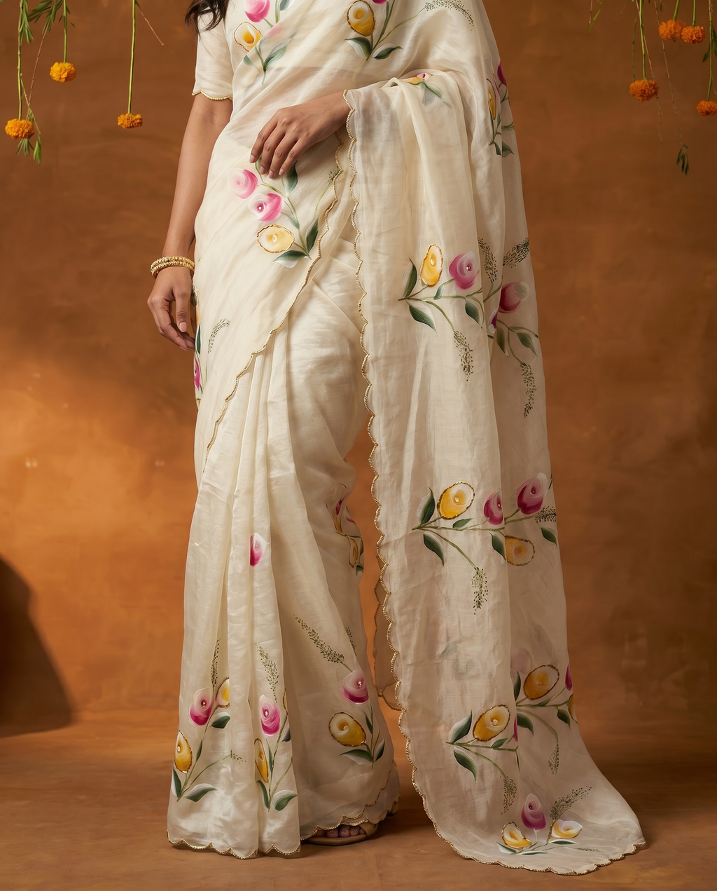 Elegant Golden Organza Saree with Floral Embroidery & Designer Blouse - output 1 - 05 lower closeup