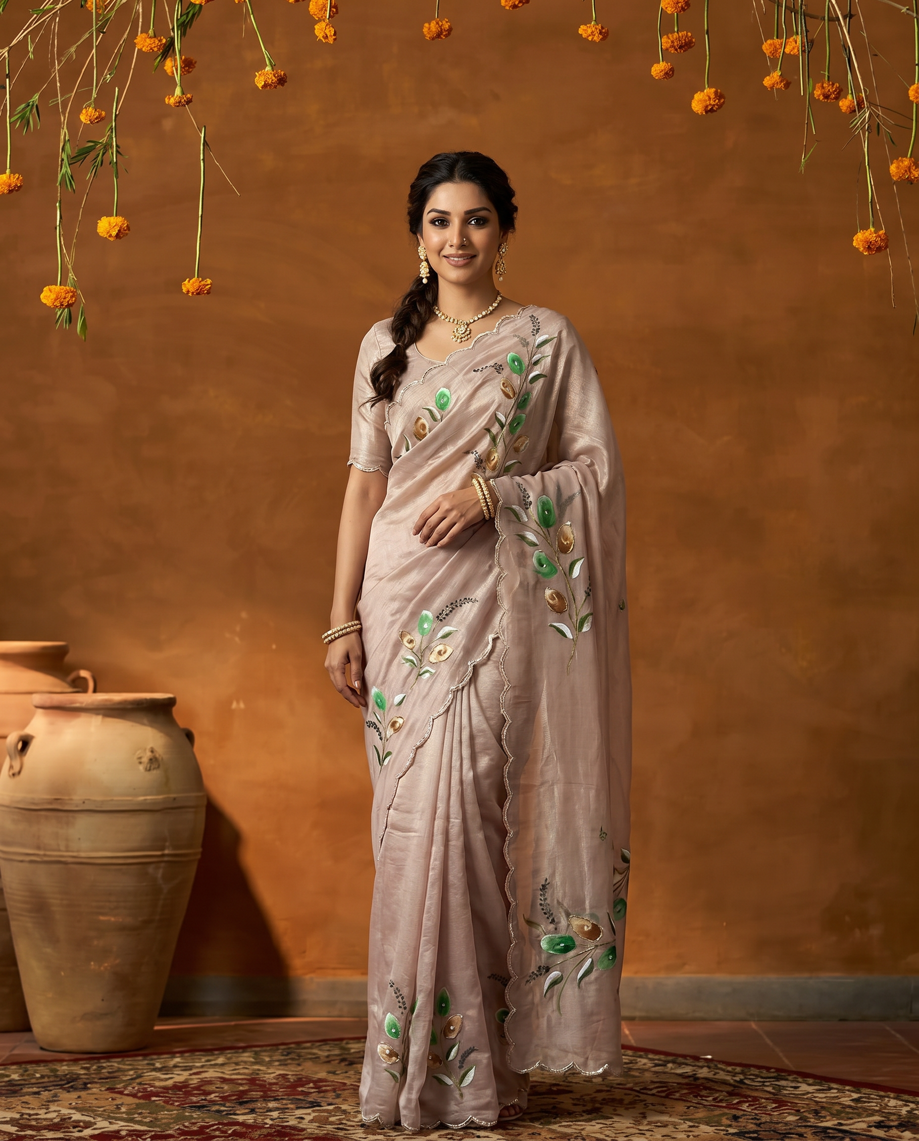 Elegant Golden Organza Saree with Floral Embroidery & Designer Blouse - output 2 - 02 hero