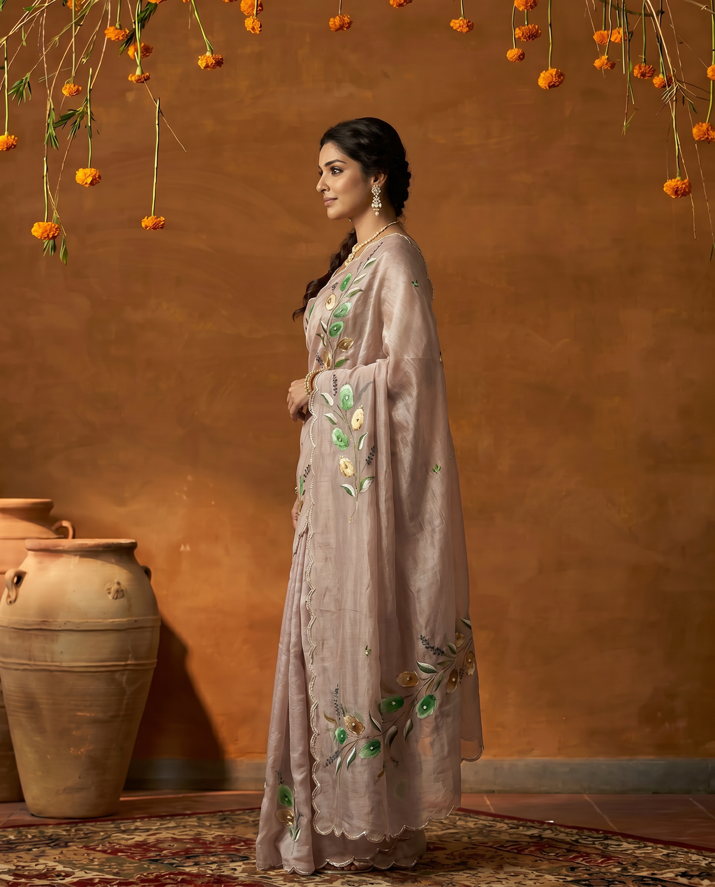 Elegant Golden Organza Saree with Floral Embroidery & Designer Blouse - output 2 - 03 side