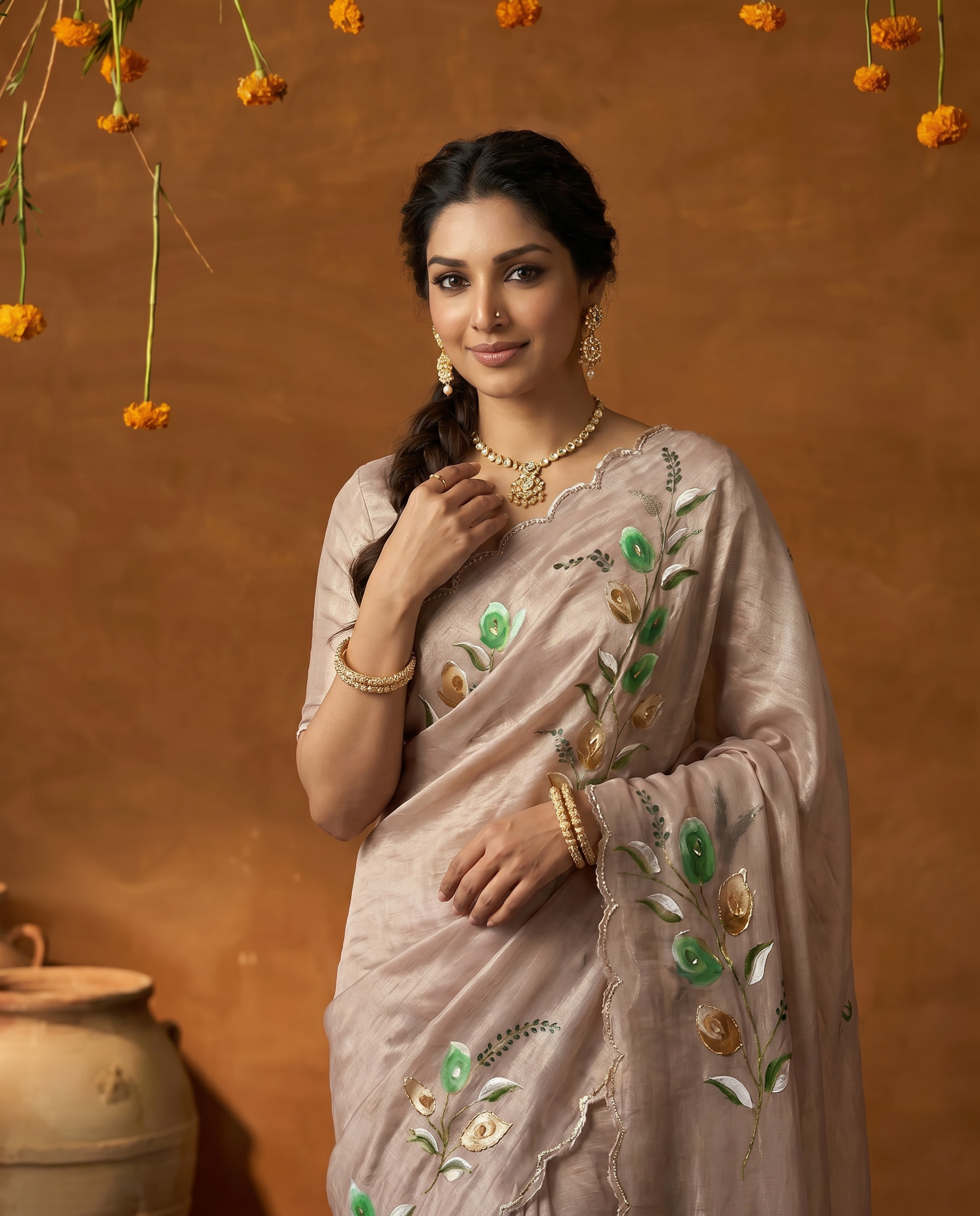 Elegant Golden Organza Saree with Floral Embroidery & Designer Blouse - output 2 - 04 upper closeup