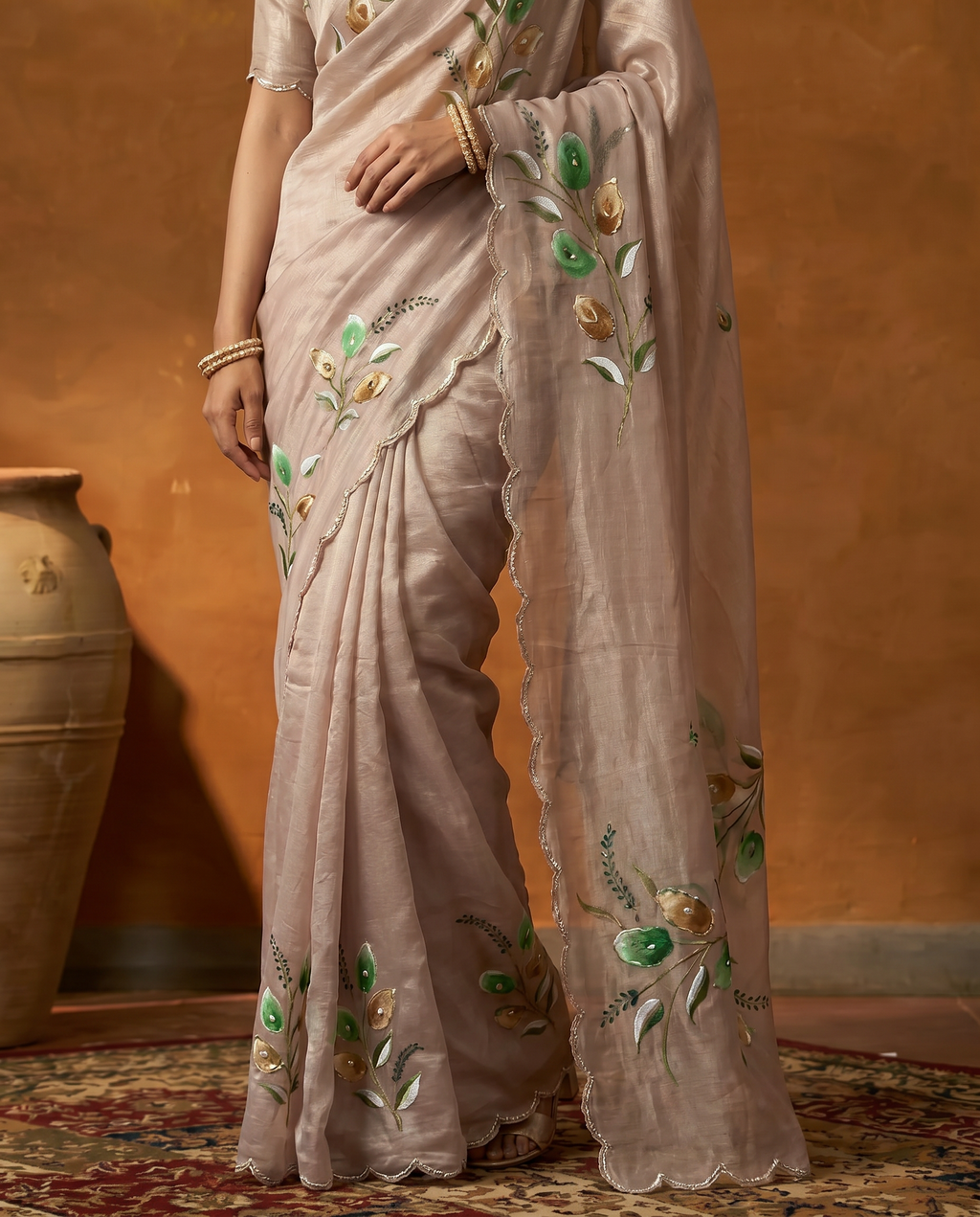 Elegant Golden Organza Saree with Floral Embroidery & Designer Blouse - output 2 - 05 lower closeup