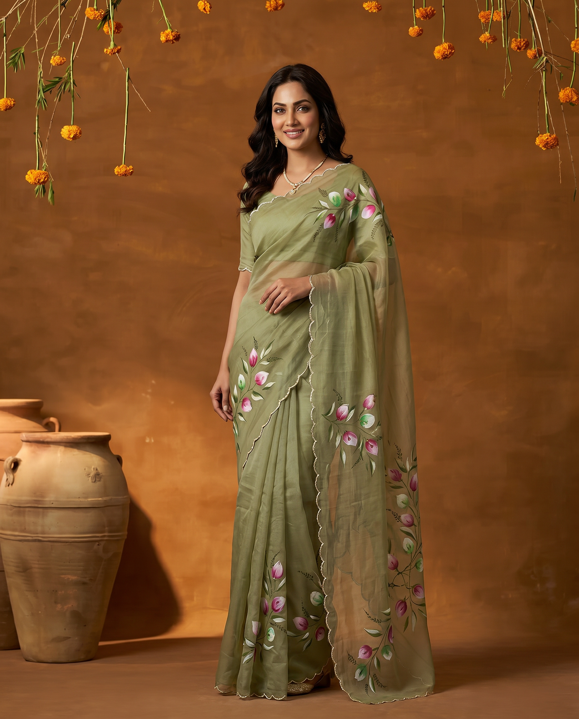 Elegant Golden Organza Saree with Floral Embroidery & Designer Blouse - output 3 - 02 hero