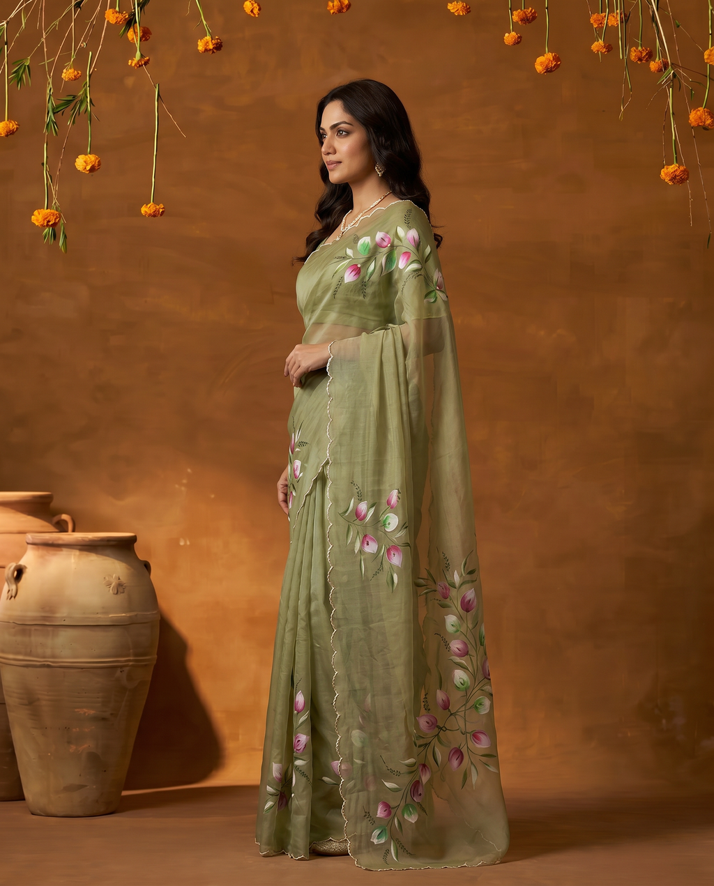 Elegant Golden Organza Saree with Floral Embroidery & Designer Blouse - output 3 - 03 side