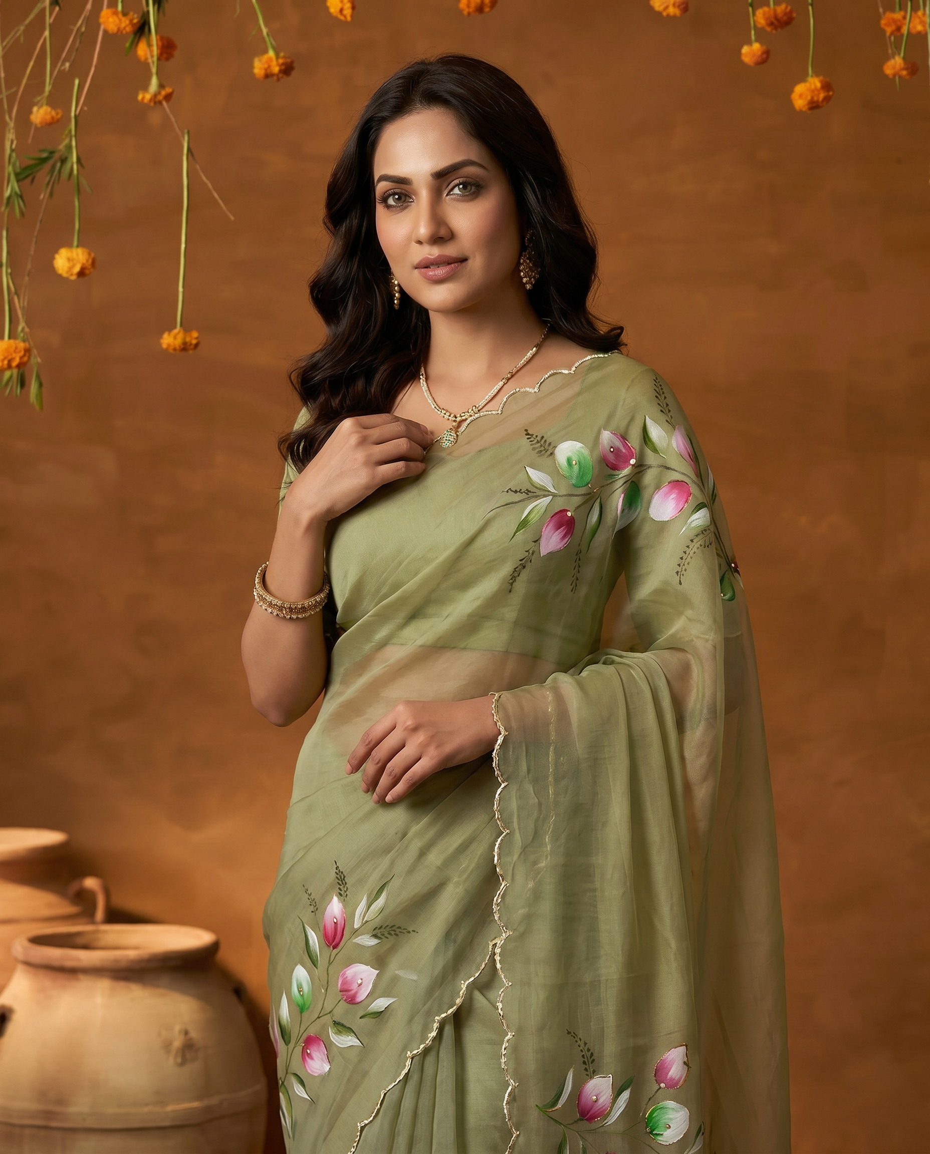 Elegant Golden Organza Saree with Floral Embroidery & Designer Blouse - output 3 - 04 upper closeup
