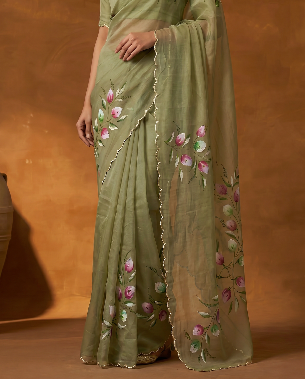 Elegant Golden Organza Saree with Floral Embroidery & Designer Blouse - output 3 - 05 lower closeup