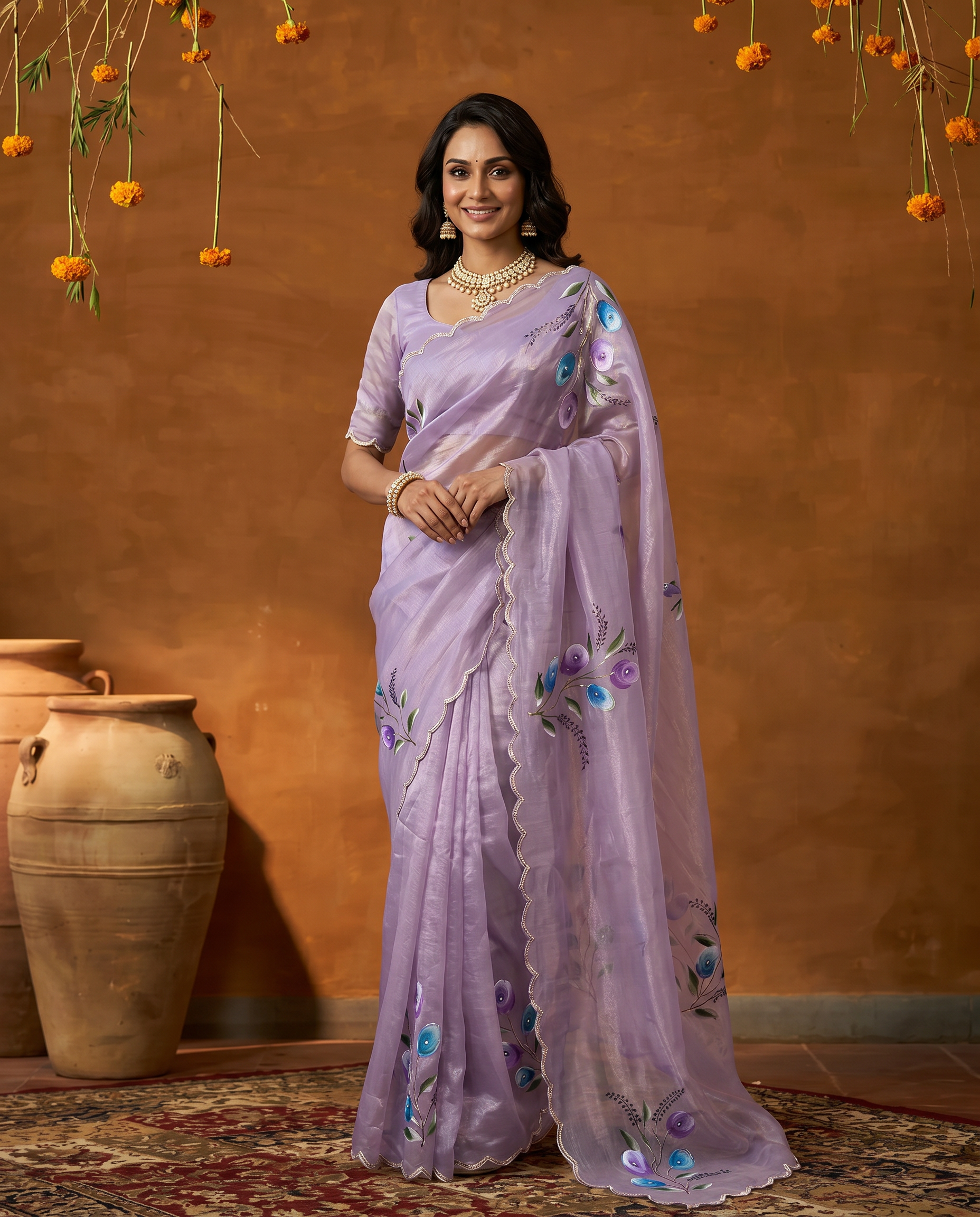 Elegant Golden Organza Saree with Floral Embroidery & Designer Blouse - output 4 - 02 hero